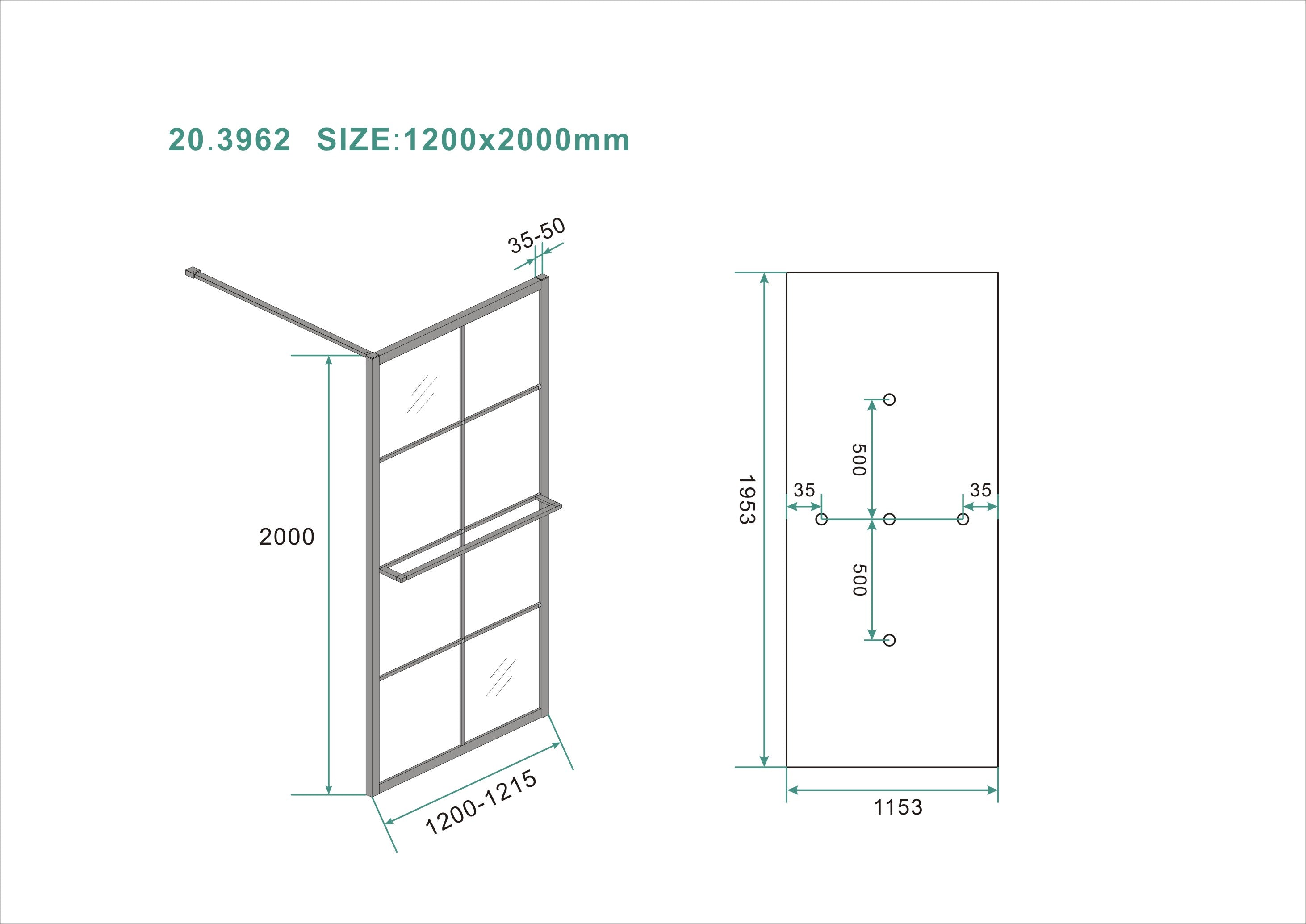 Maattekening Wiesbaden Maaz inloopdouche met raster en handdoekhouder 1200 x 2000 x 10 mm helder glas/mat zwart