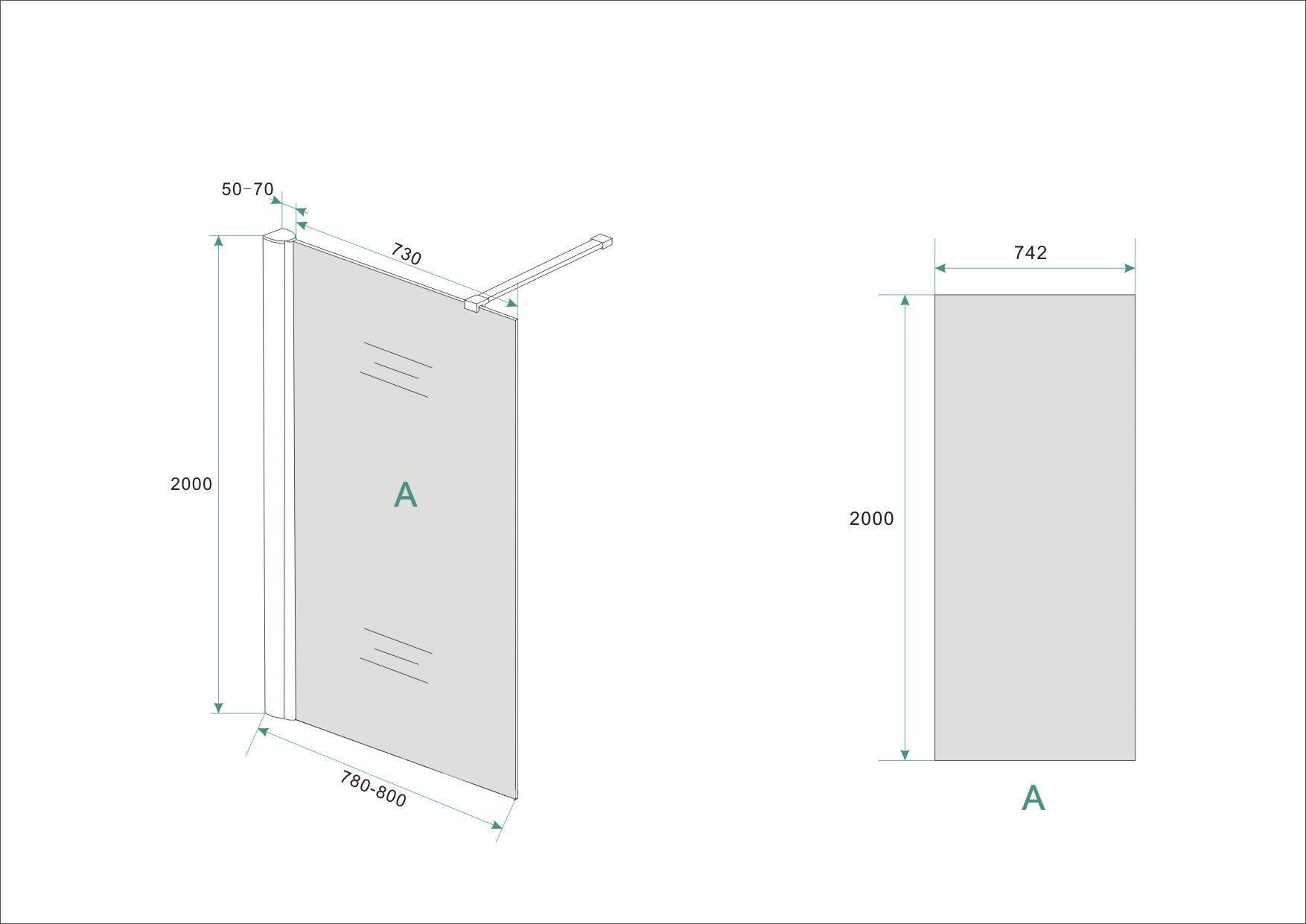 Maattekening Wiesbaden Comfort inloopdouche 800 x 2000 x 10 mm nano rookglas/chroom