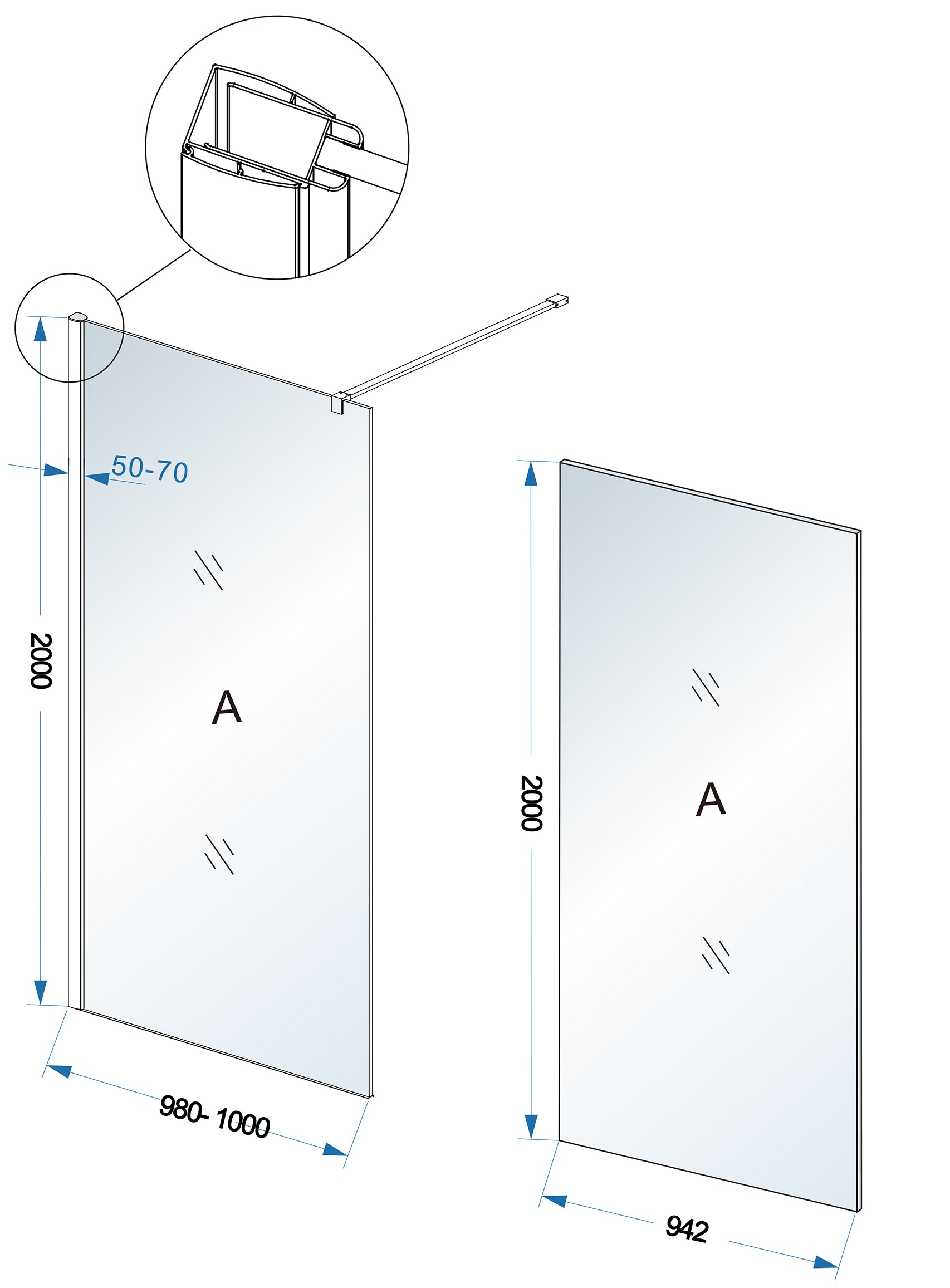 Maattekening Wiesbaden Comfort inloopdouche 1000 x 2000 x 10 mm nano rookglas/chroom