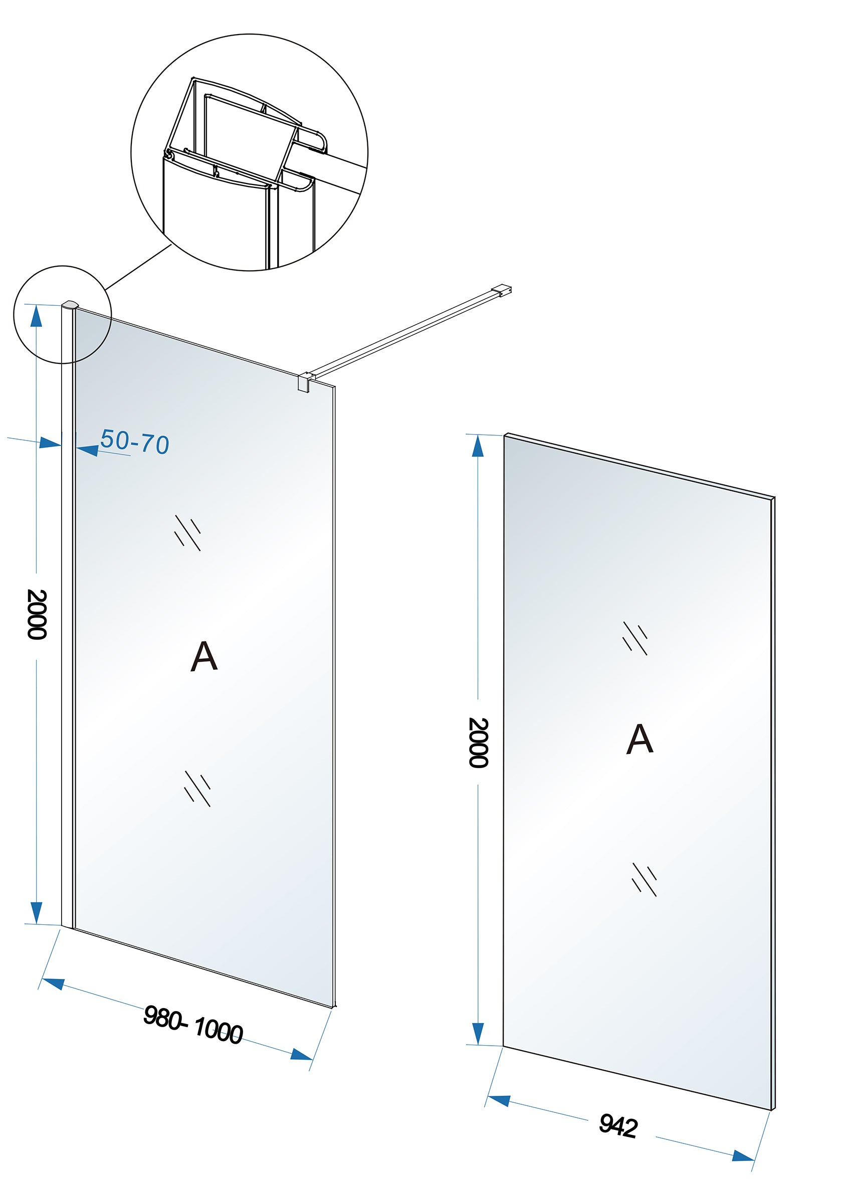 Maattekening Wiesbaden Comfort inloopdouche 1000 x 2000 x 10 mm nano melkglas/chroom