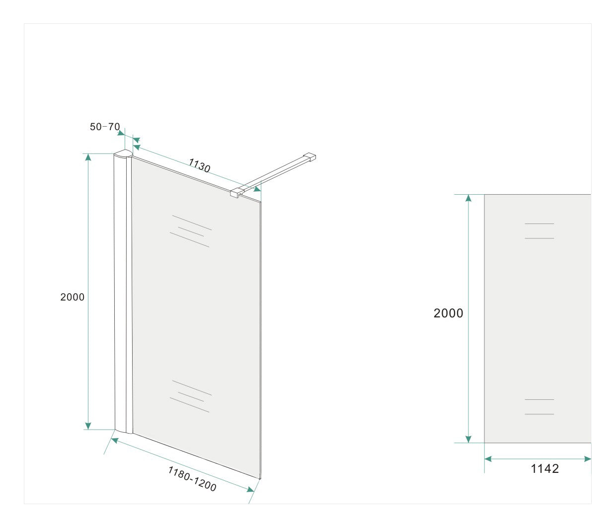 Maattekening Wiesbaden Comfort inloopdouche 1200 x 2000 x 10 mm nano melkglas/chroom