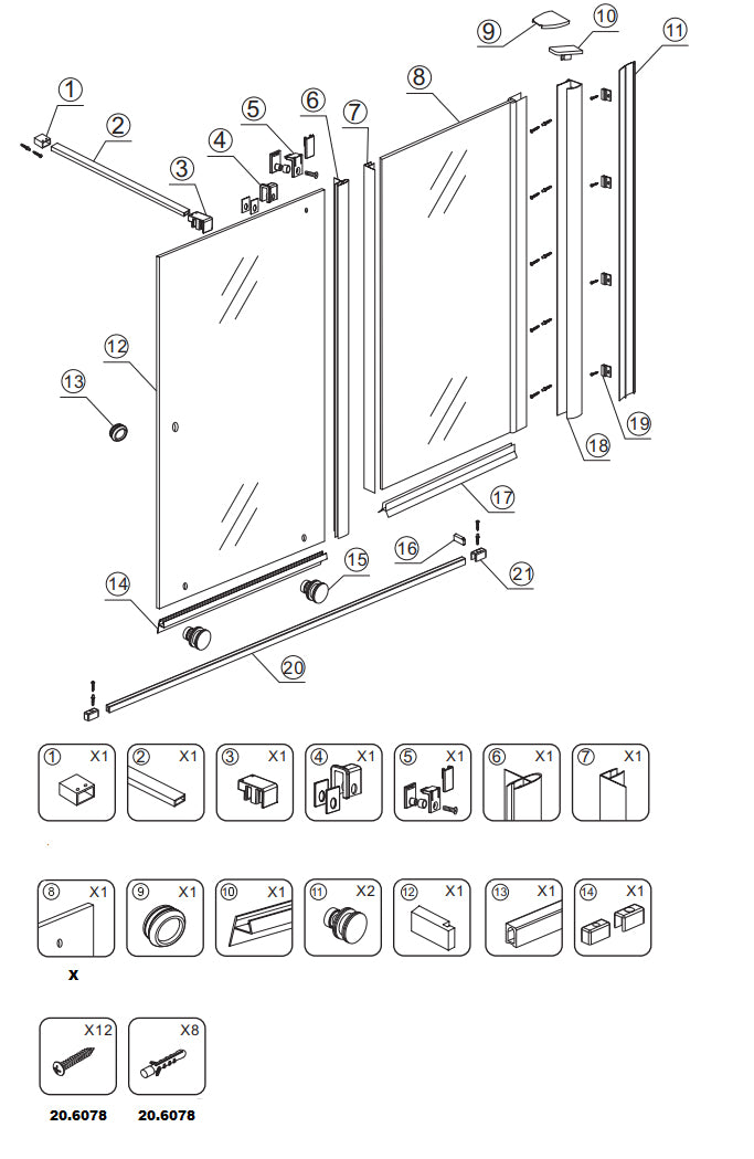 Maattekening Wiesbaden Rolso verleng inloopdouche 1000 x 2000 x 10 mm helder glas/chroom