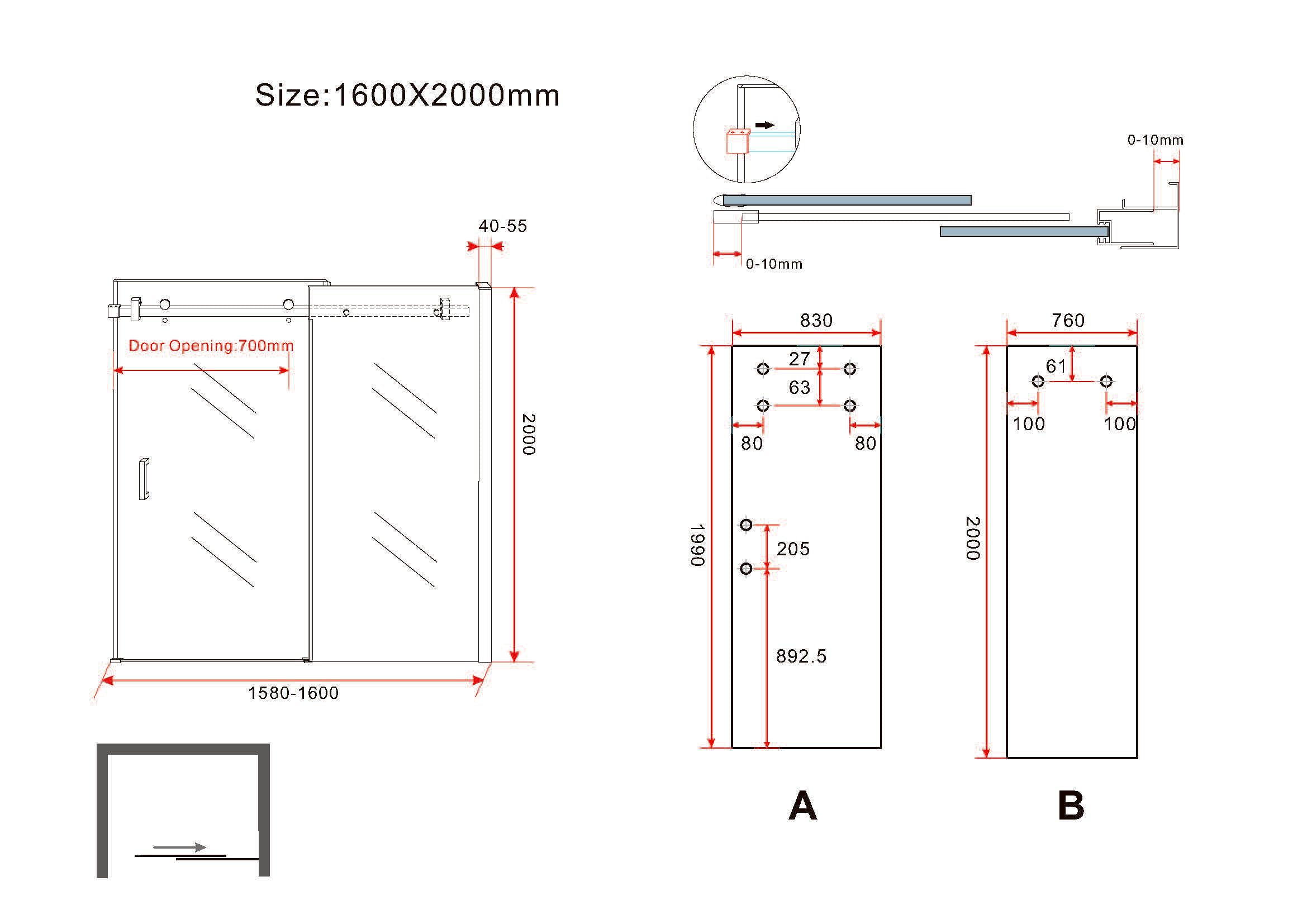 Maattekening Wiesbaden Slide nis schuifdeur 1600 x 2000 x 8 mm nano helder glas/chroom
