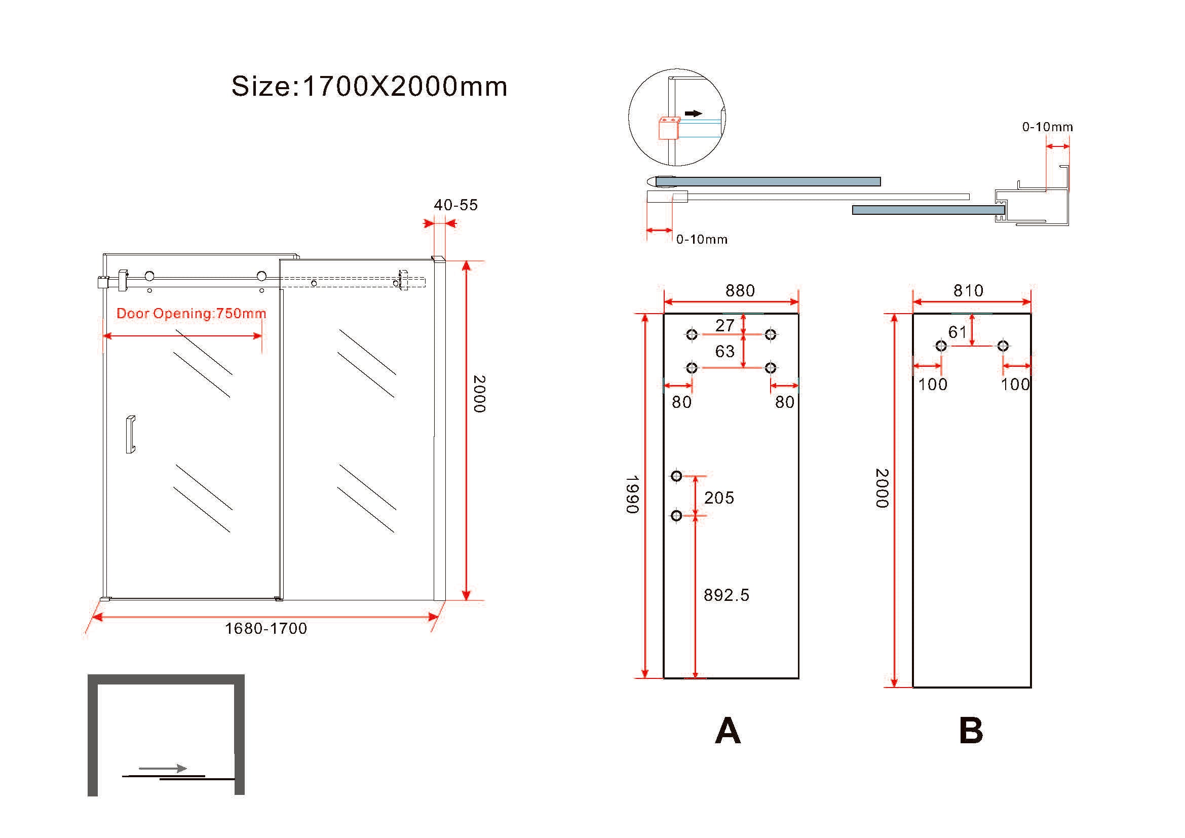 Maattekening Wiesbaden Slide nis schuifdeur 1700 x 2000 x 8 mm nano helder glas/chroom