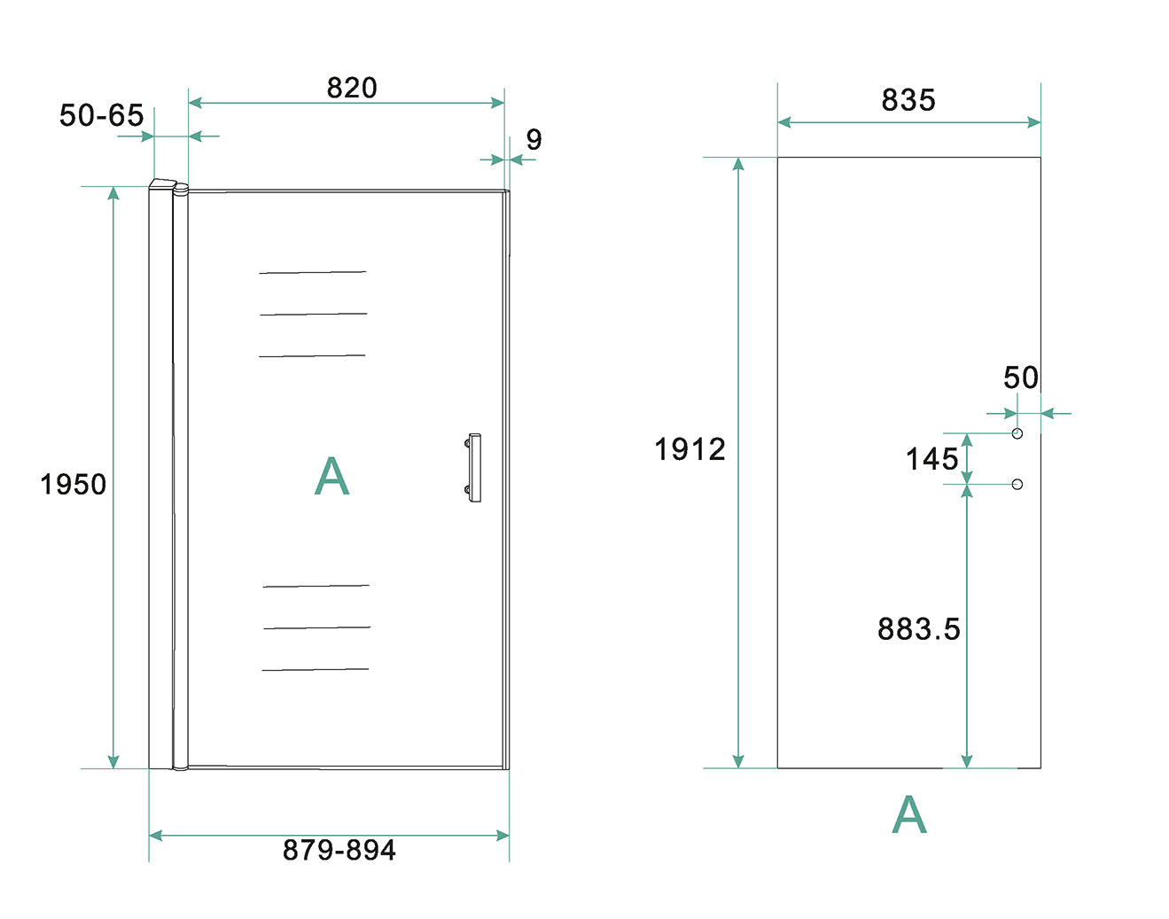 Maattekening Cerra eco nisdeur 900 x 1950 x 6 mm nano helder glas/chroom