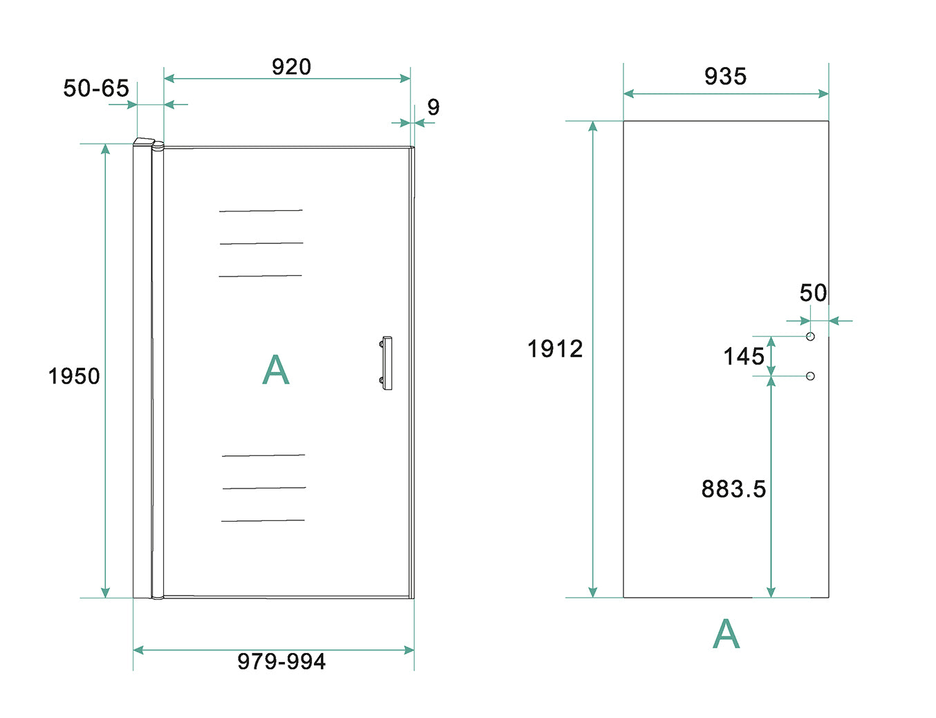 Maattekening Cerra eco nisdeur 1000 x 1950 x 6 mm nano helder glas/chroom