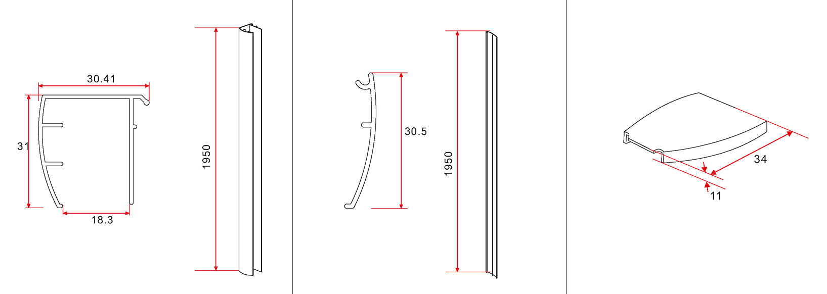 Maattekening Cerra eco nisdeur 1000 x 1950 x 6 mm nano helder glas/chroom