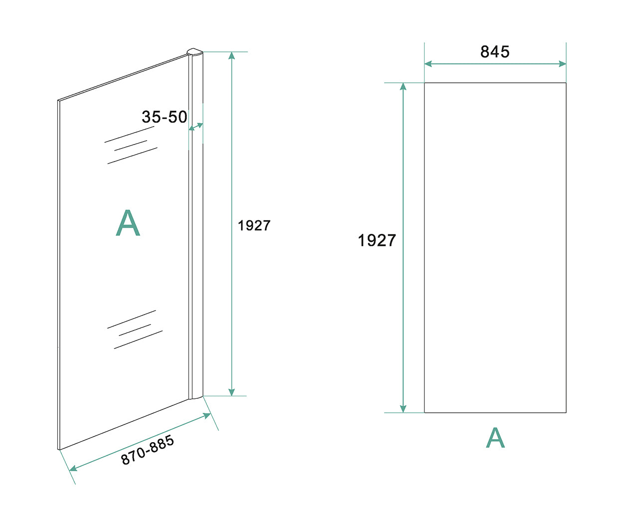 Maattekening Cerra eco inloopdouche 900 x 1950 x 6 mm nano helder glas/chroom