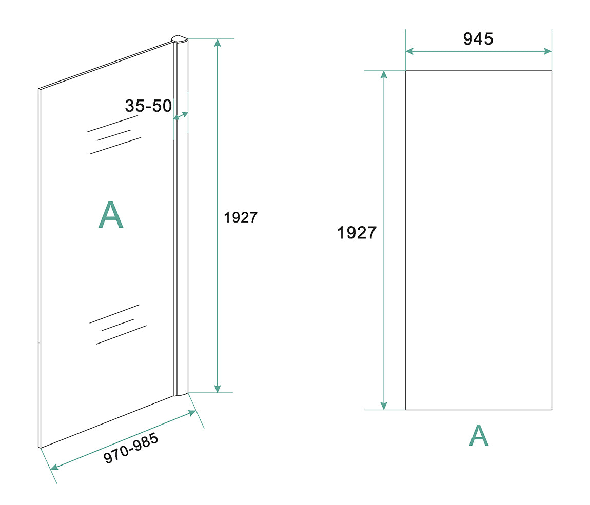 Maattekening Cerra eco inloopdouche 1000 x 1950 x 6 mm nano helder glas/chroom
