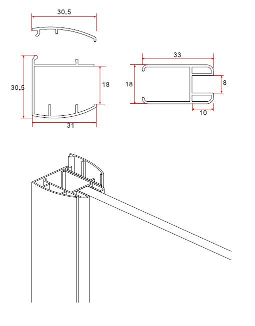 Maattekening Eco zijwand met muurprofiel 400 x 2000 x 8 mm nano helder glas/chroom