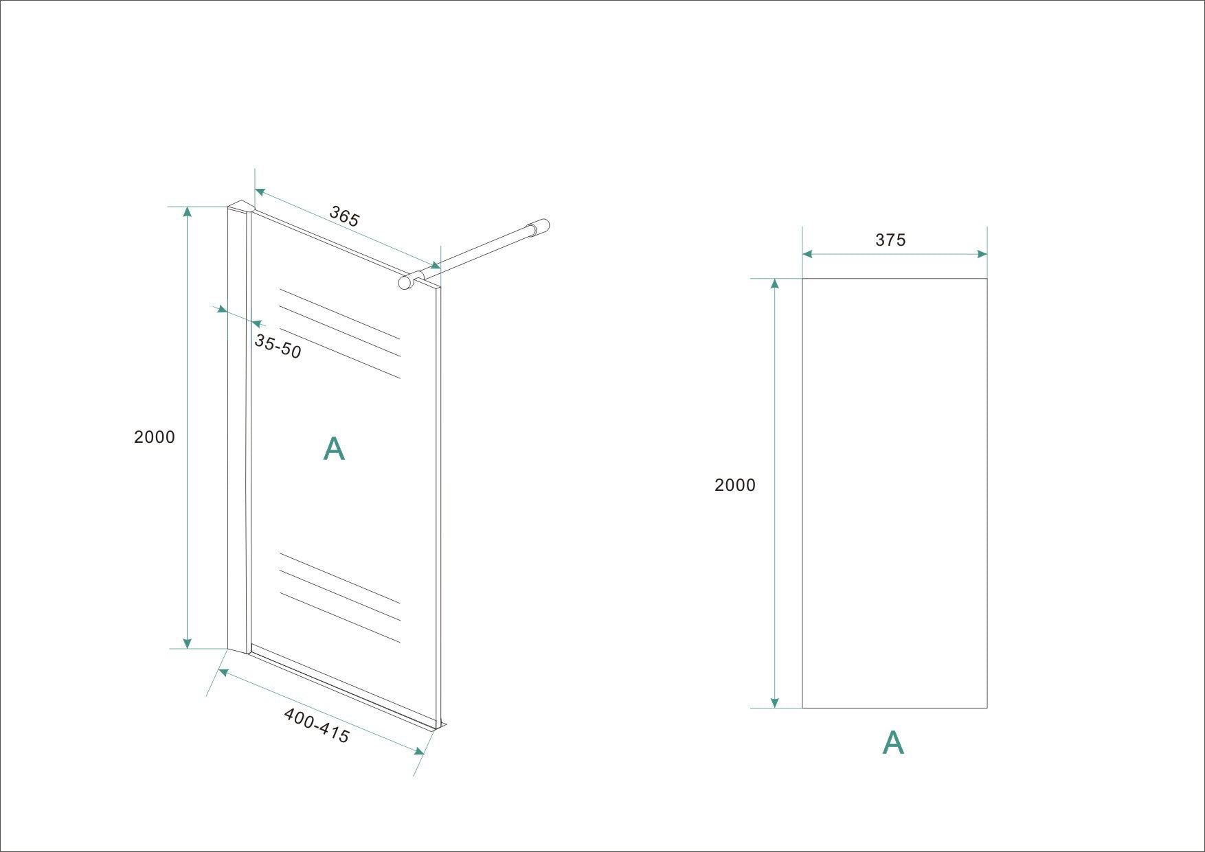 Maattekening Eco zijwand met muurprofiel 400 x 2000 x 8 mm nano helder glas/chroom