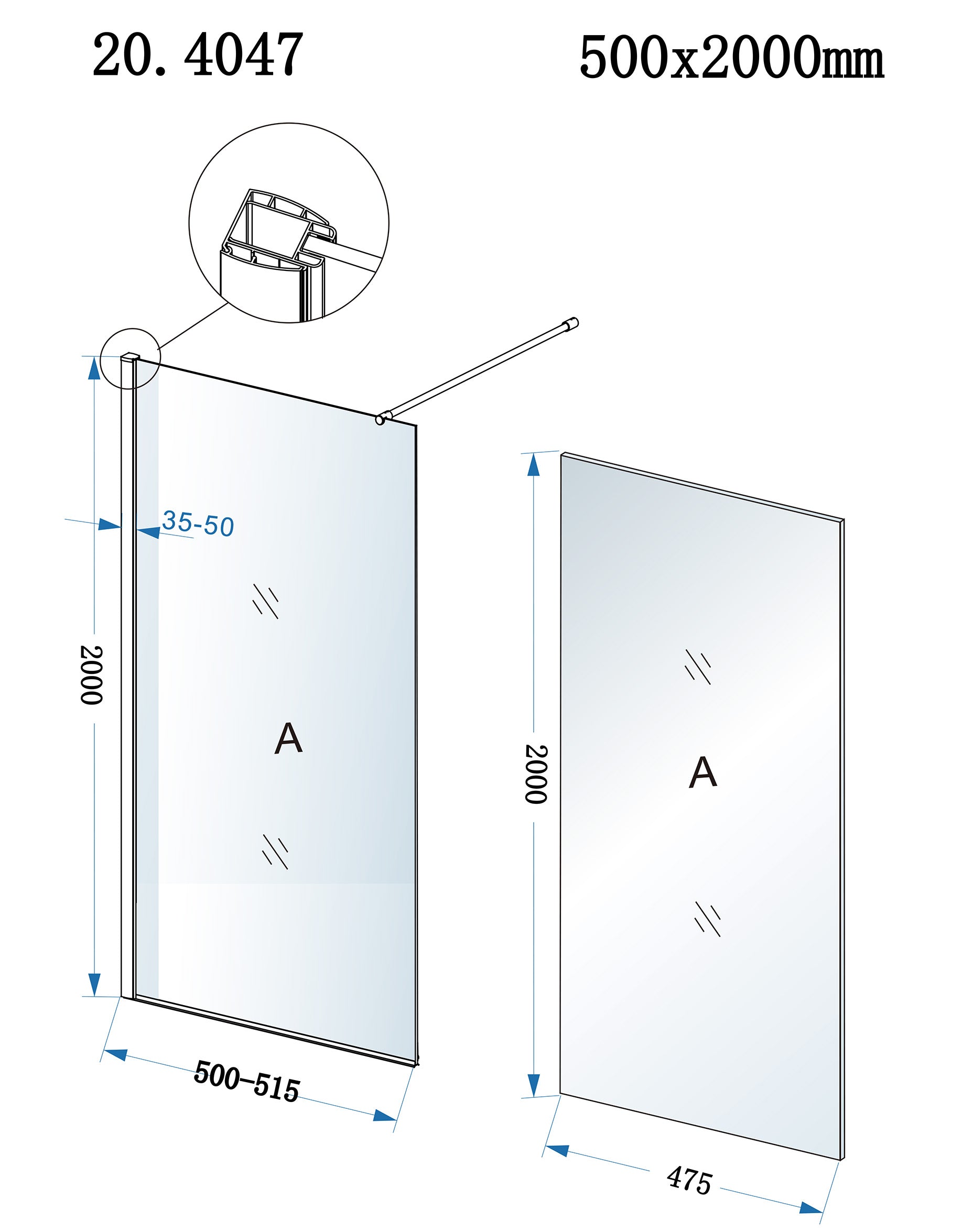 Maattekening Eco inloopdouche 500 x 2000 x 8 mm nano helder glas/chroom