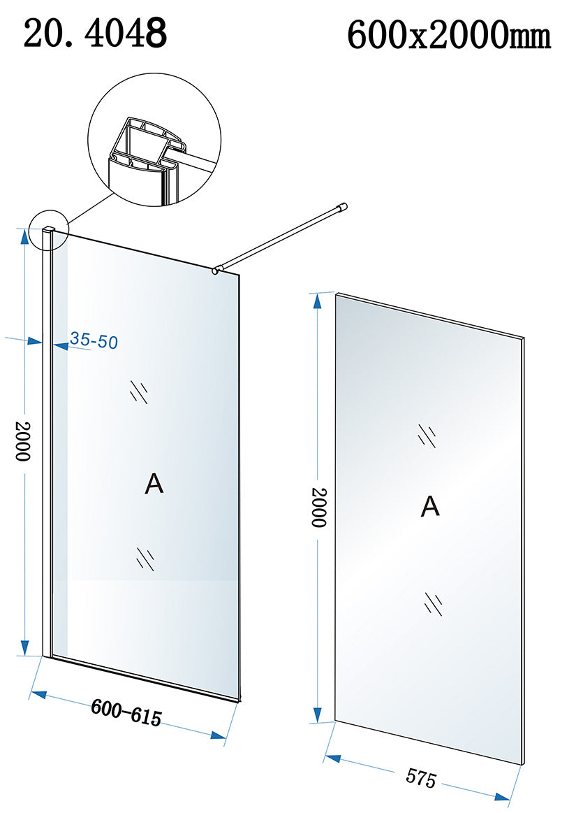 Maattekening Eco inloopdouche 600 x 2000 x 8 mm nano helder glas/chroom