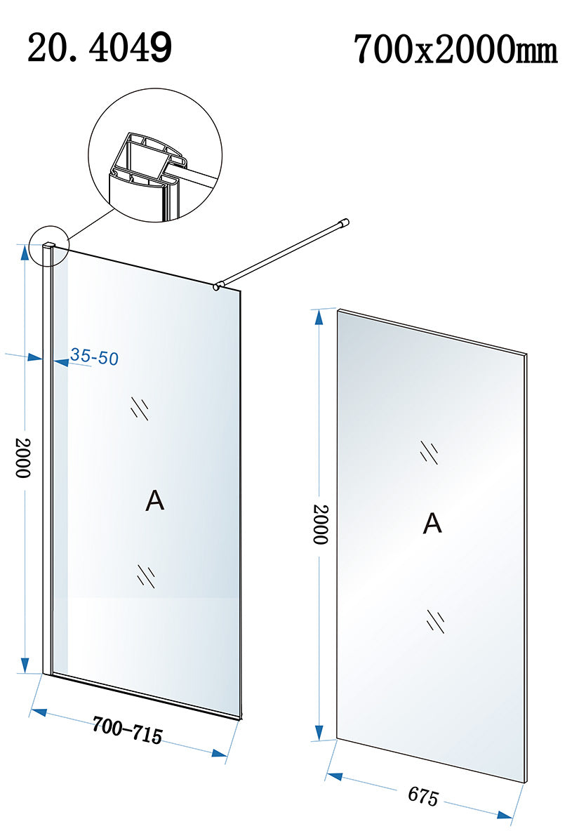 Maattekening Eco inloopdouche 700 x 2000 x 8 mm nano helder glas/chroom