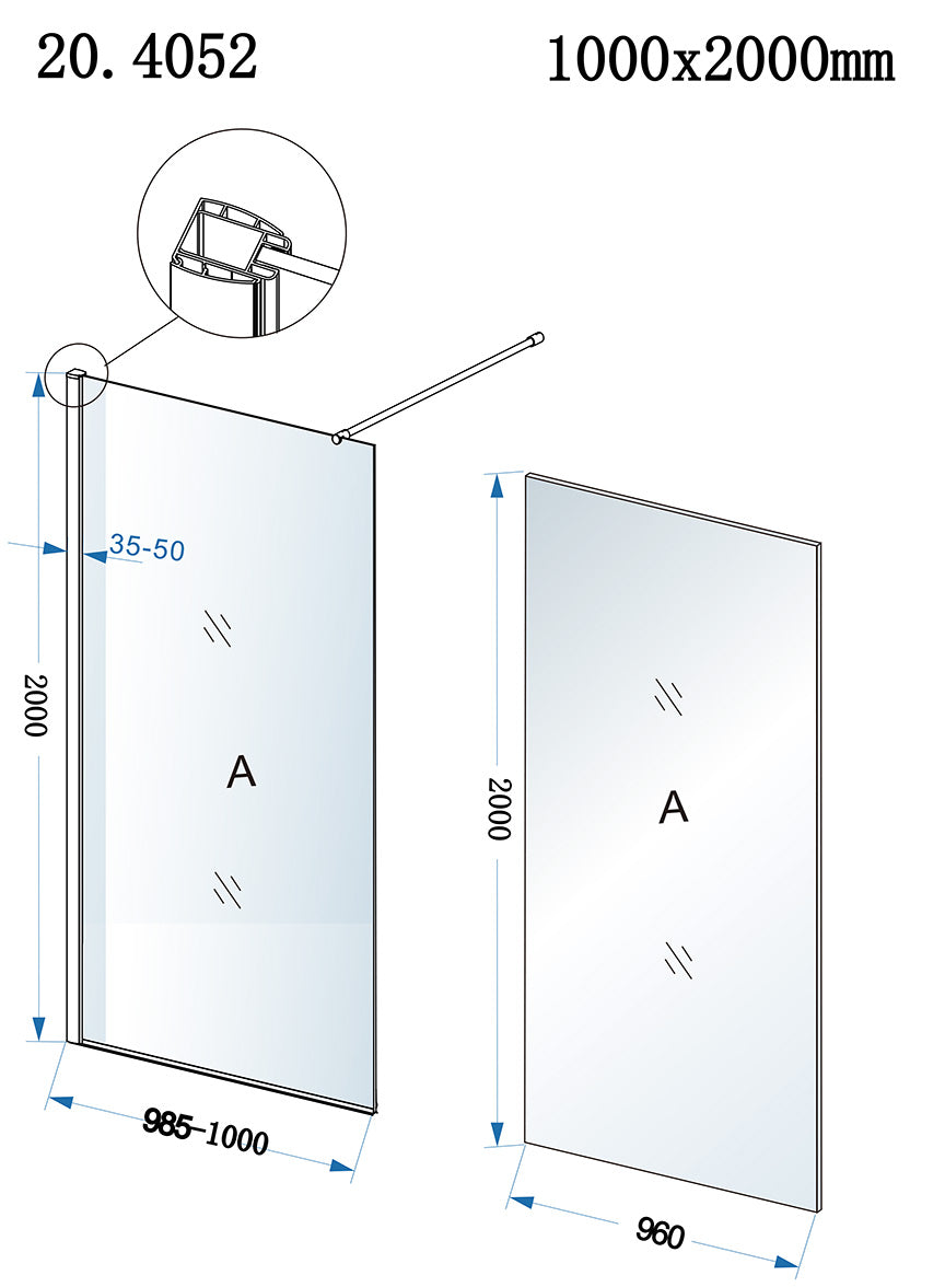 Maattekening Eco inloopdouche 1000 x 2000 x 8 mm nano helder glas/chroom