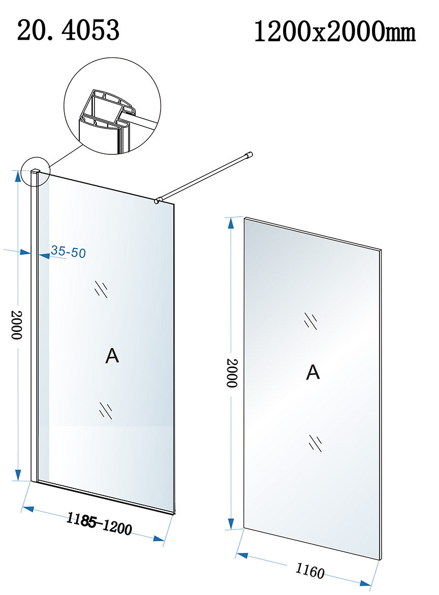Maattekening Eco inloopdouche 1200 x 2000 x 8 mm nano helder glas/chroom