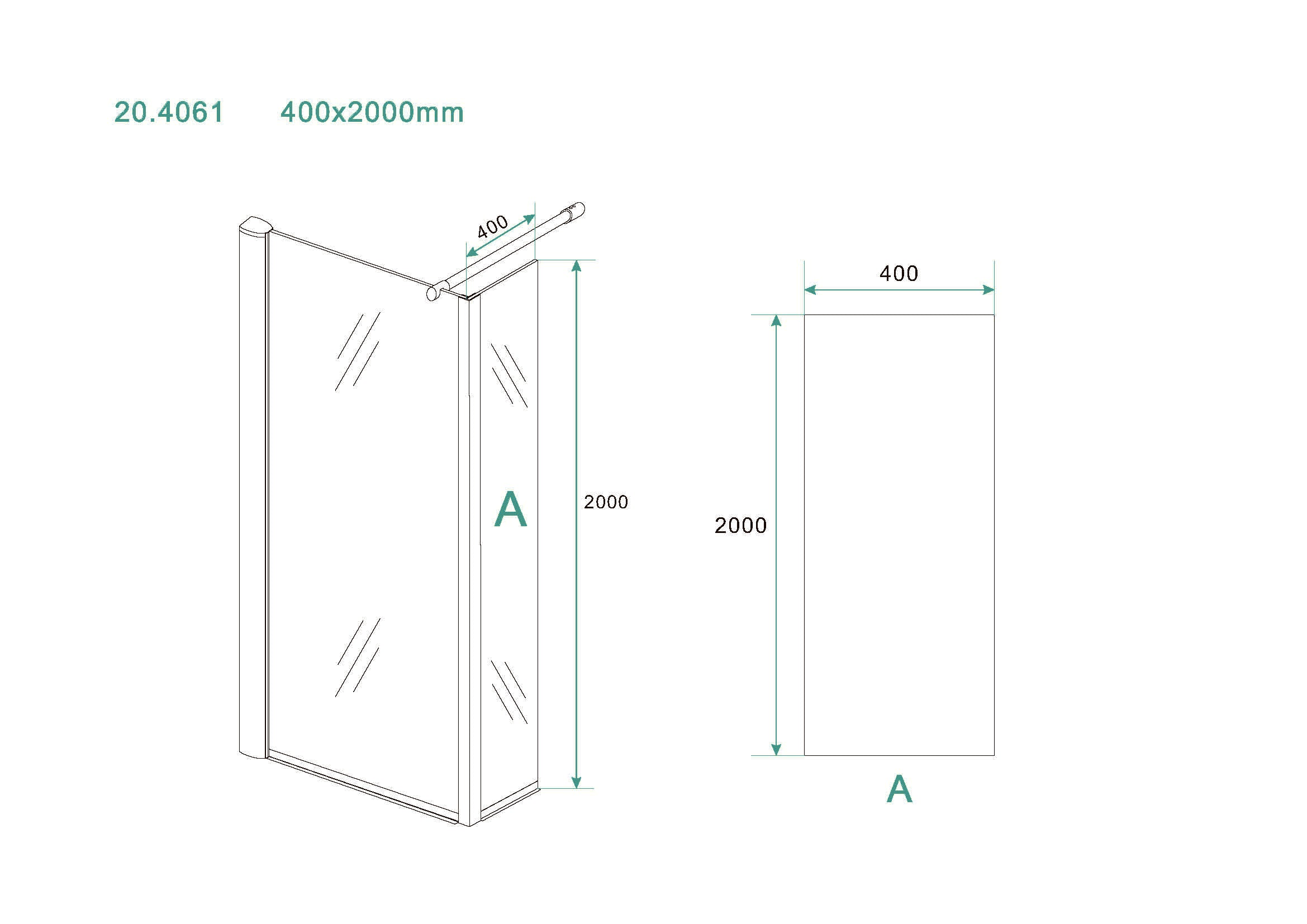 Maattekening Eco zijwand met hoekprofiel 400 x 2000 x 8 mm nano helder glas/chroom
