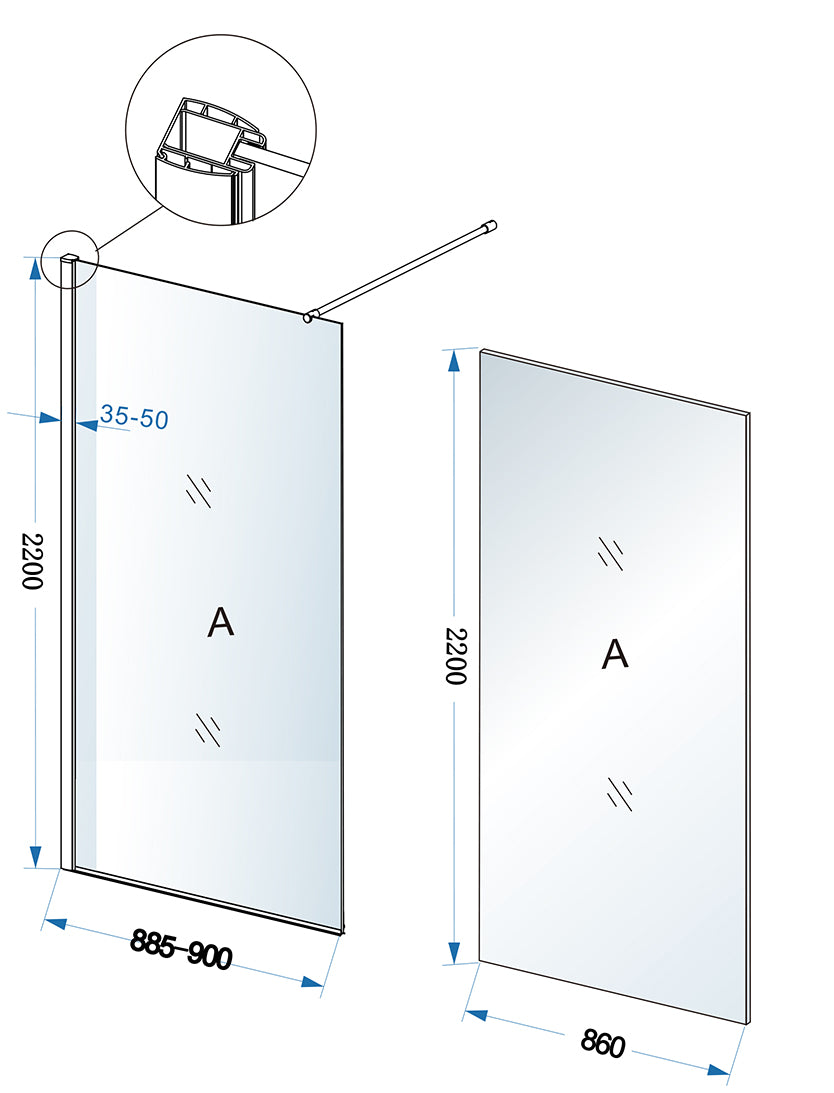 Maattekening Eco inloopdouche 900 x 2200 x 8 mm nano helder glas/chroom
