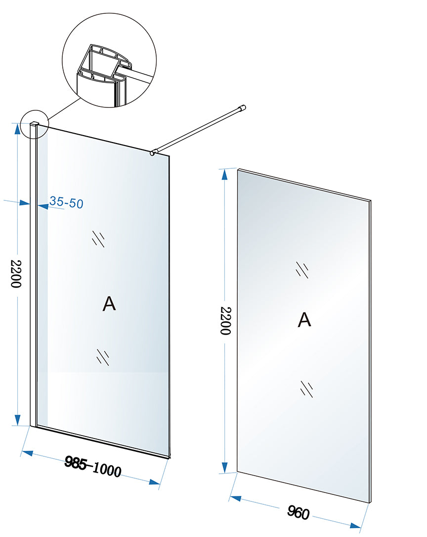 Maattekening Eco inloopdouche 1000 x 2200 x 8 mm nano helder glas/chroom