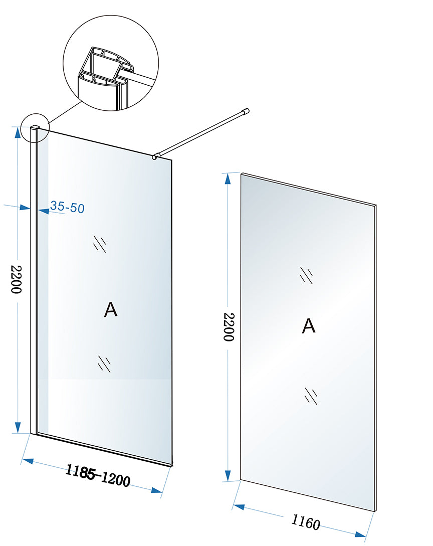 Maattekening Eco inloopdouche 1200 x 2200 x 8 mm nano helder glas/chroom