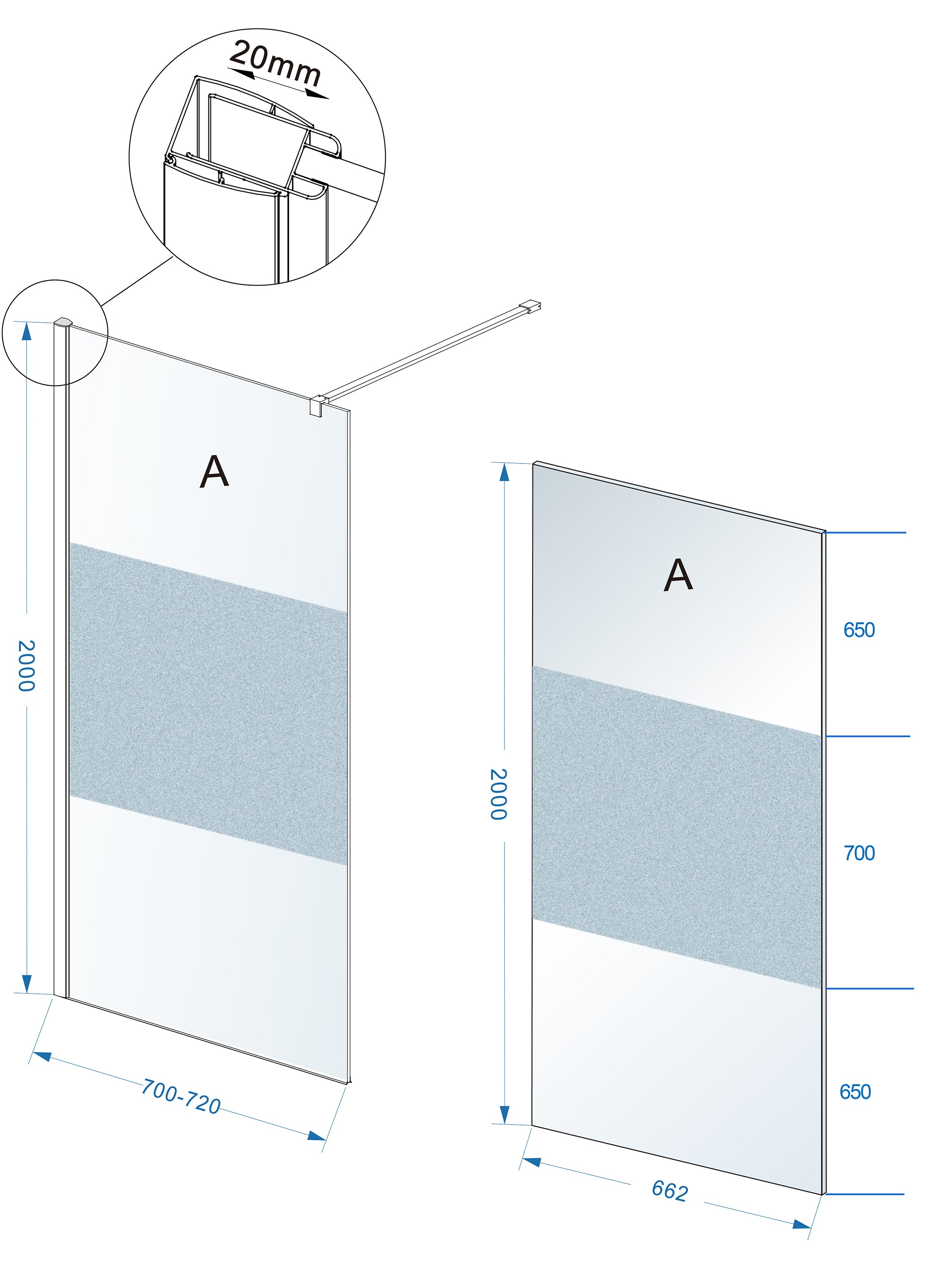 Maattekening Wiesbaden Comfort inloopdouche 700 x 2000 x 10 mm nano helder glas met melkglas middenband/chroom