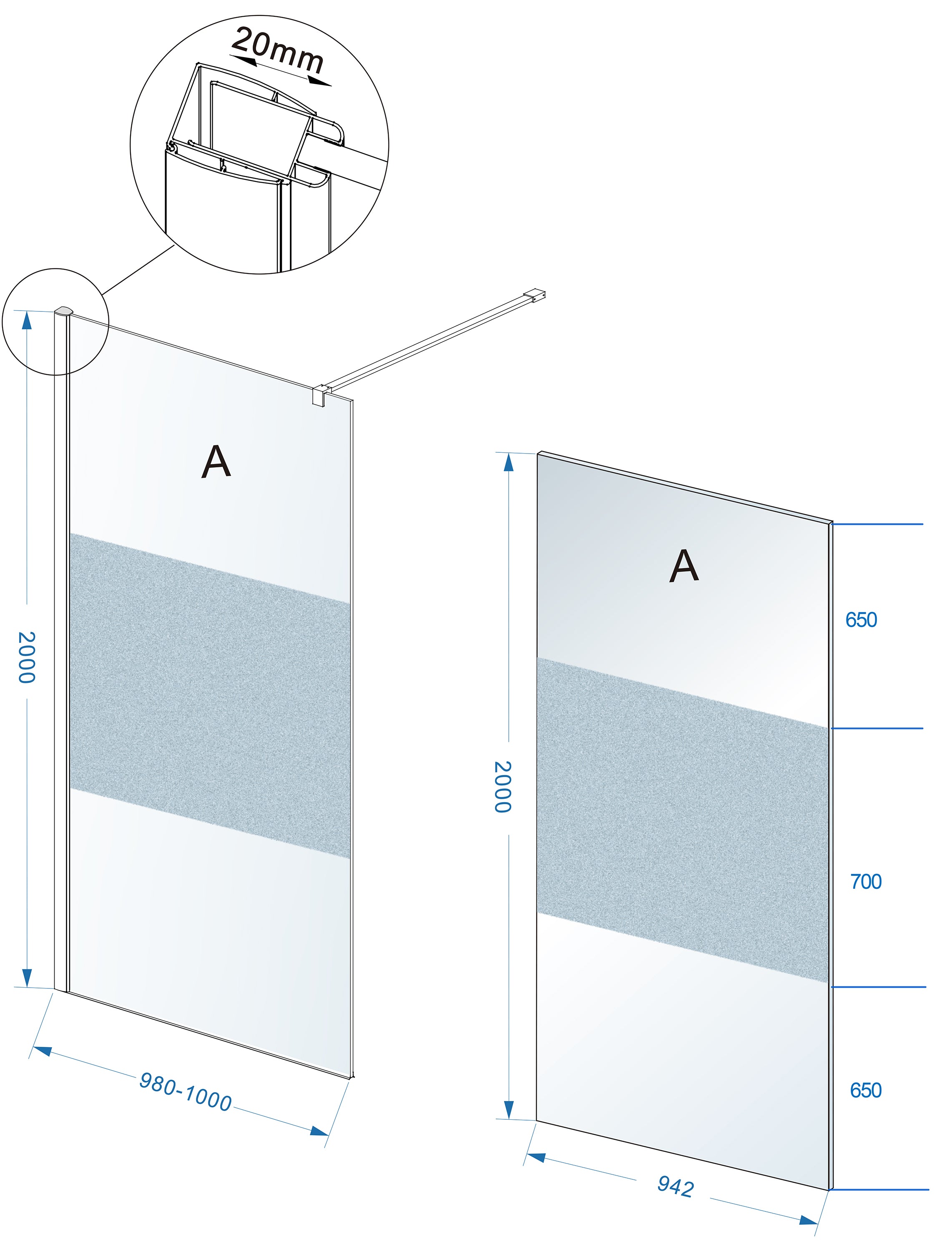 Maattekening Wiesbaden Comfort inloopdouche 1000 x 2000 x 10 mm nano helder glas met melkglas middenband/chroom