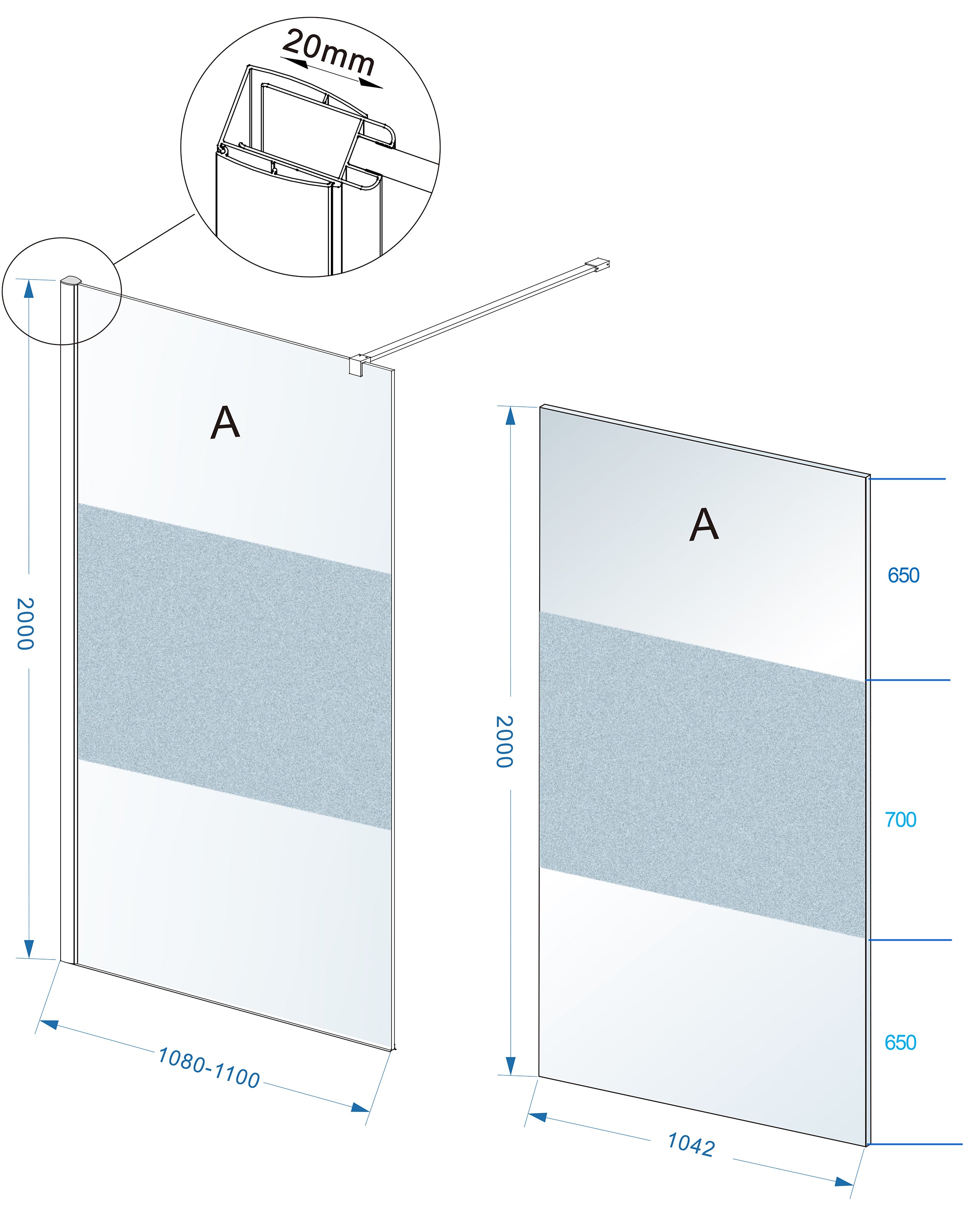 Maattekening Wiesbaden Comfort inloopdouche 1100 x 2000 x 10 mm nano helder glas met melkglas middenband/chroom