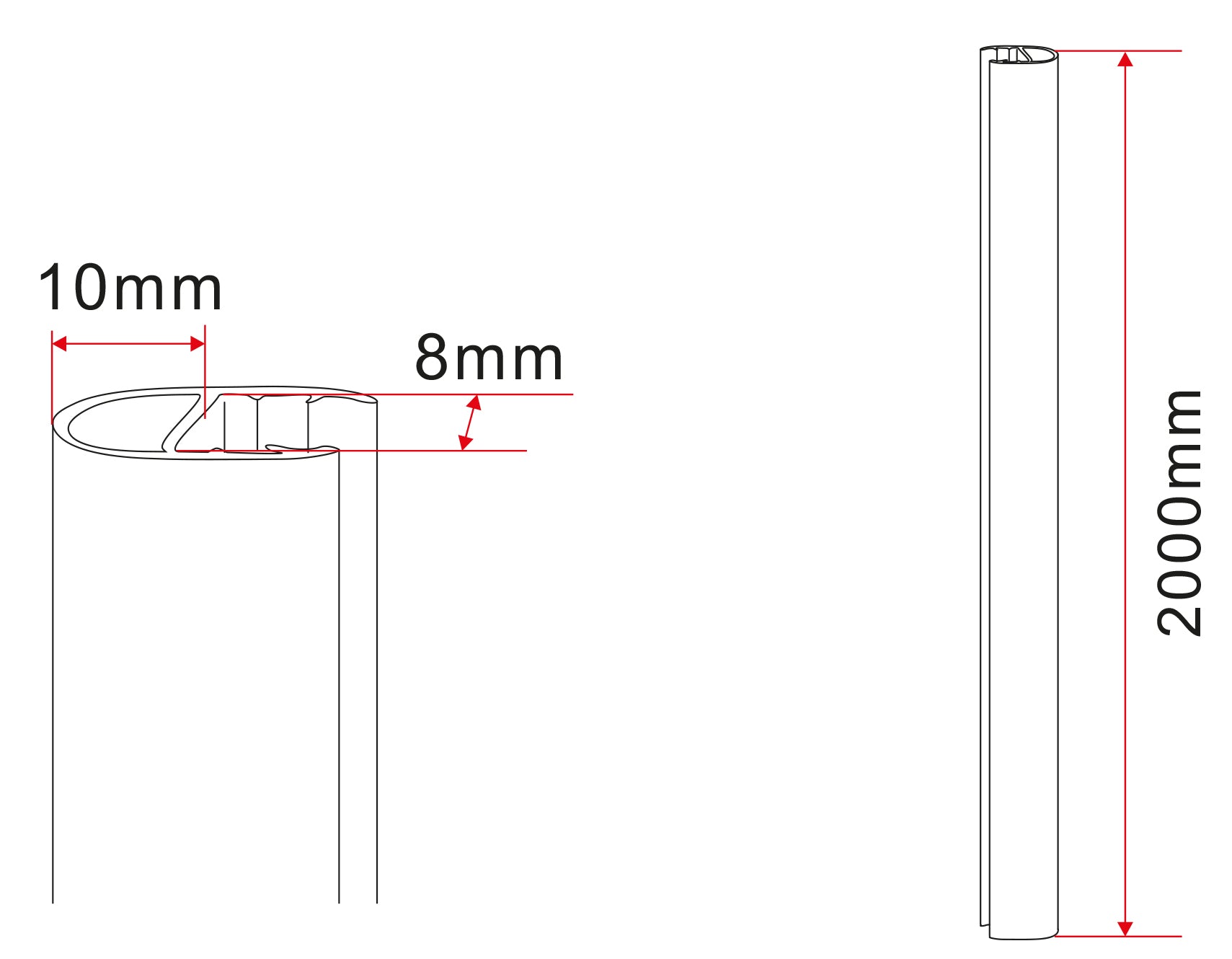 Maattekening Deurstrip met bolprofiel kunststof 8 x 2000 mm transparant