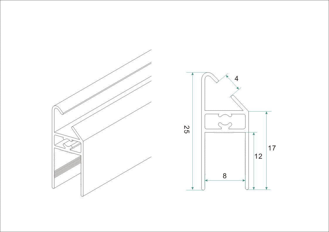 Set magneetstrips 8mm chr. tbv 1/4 ronde cabine - maattekening