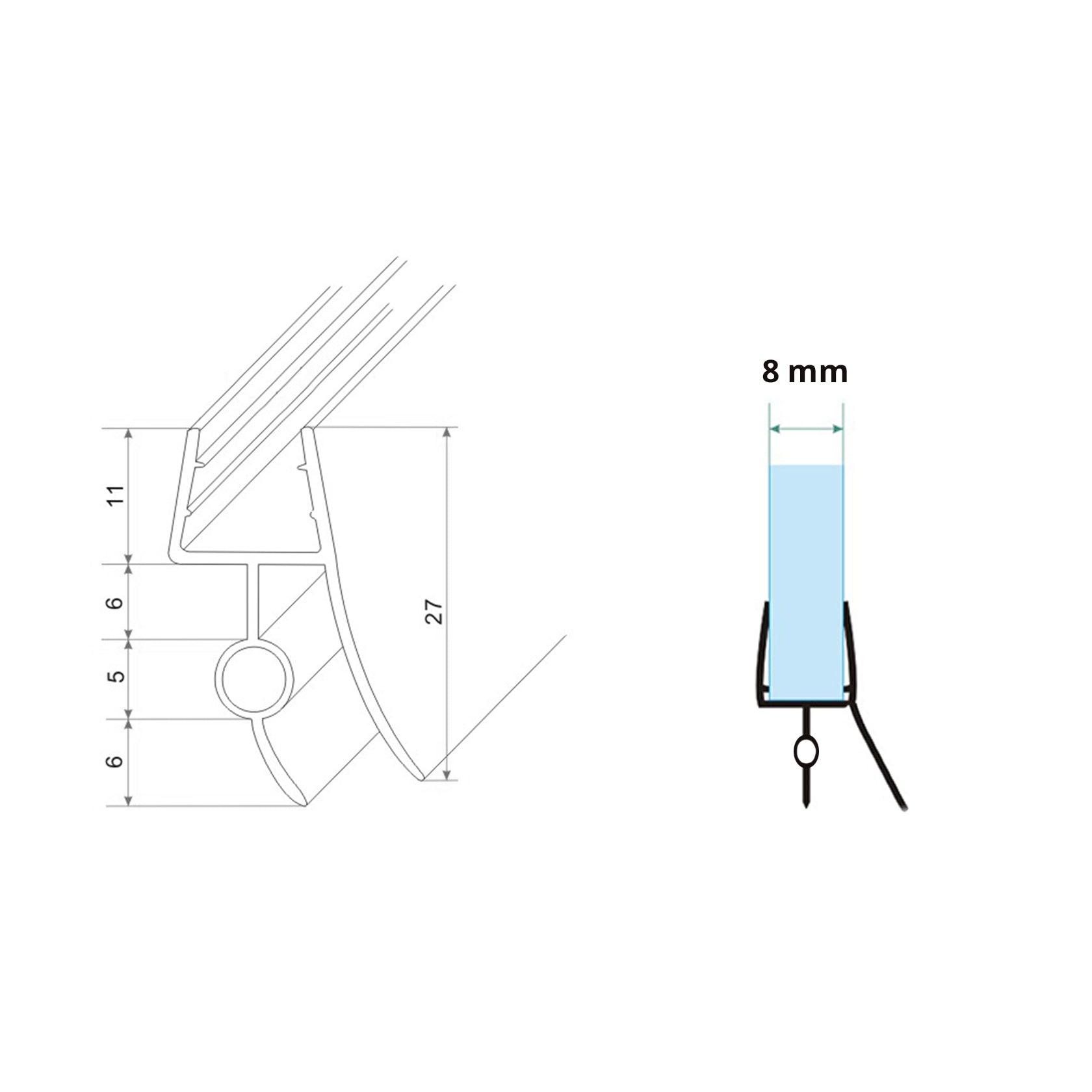 Maattekening Waterkering kunststof 8 x 800 mm transparant
