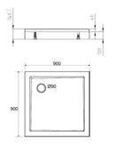 Douchebak vierkant 90 x 90 x 4 cm acryl glans wit - maattekening