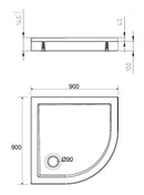 Douchebak kwartrond 90 x 90 x 4 cm acryl glans wit - maattekening
