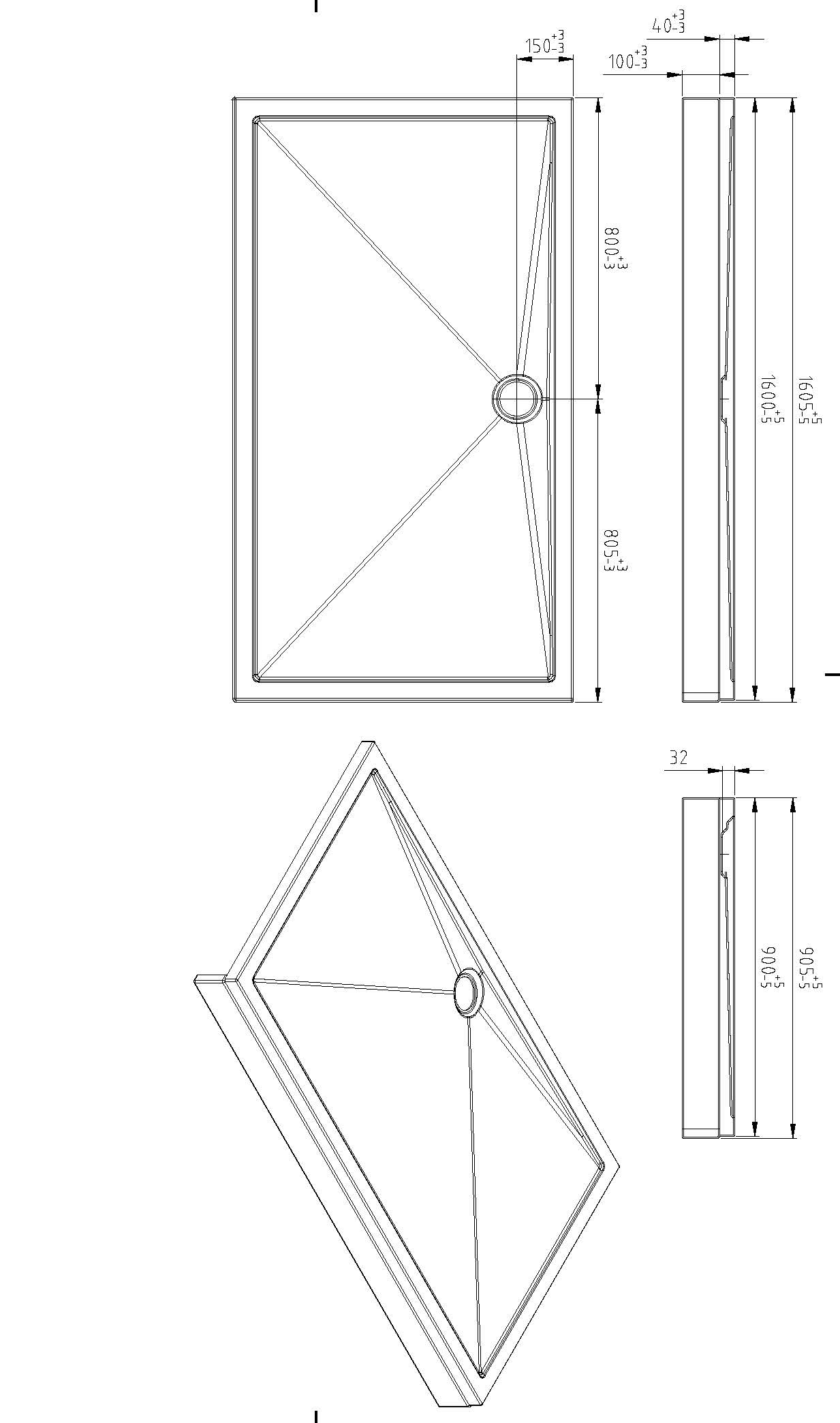 Maattekening Wiesbaden Voorzetpaneel met poten voor douchebak 160 x 90 x 4 cm glans wit