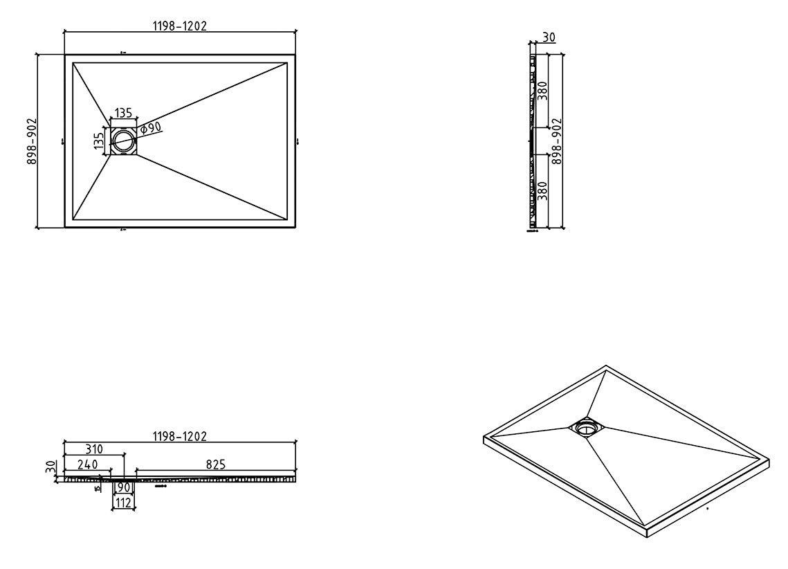 Maattekening Wiesbaden Stonea douchebak antislip composiet 900x1200x30 mm inkortbaar mat wit