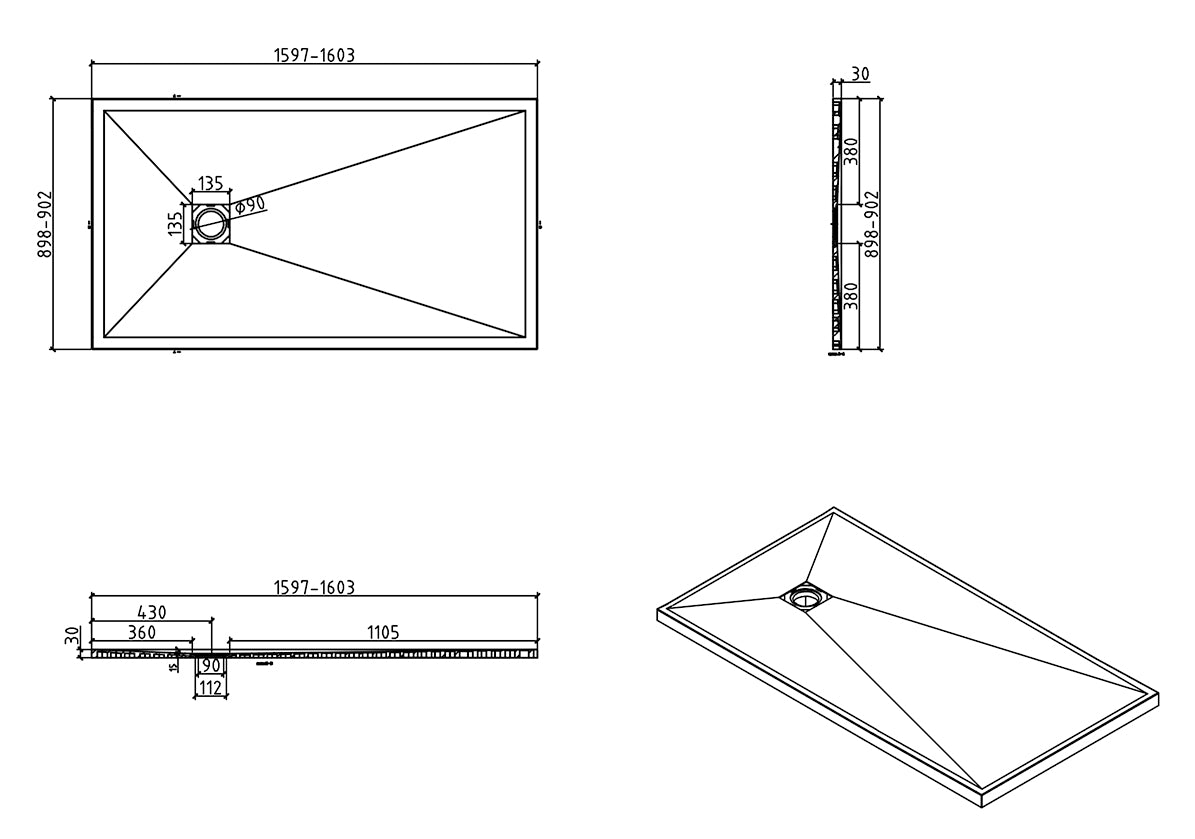 Maattekening Wiesbaden Stonea douchebak antislip composiet 900x1600x30 mm inkortbaar mat wit