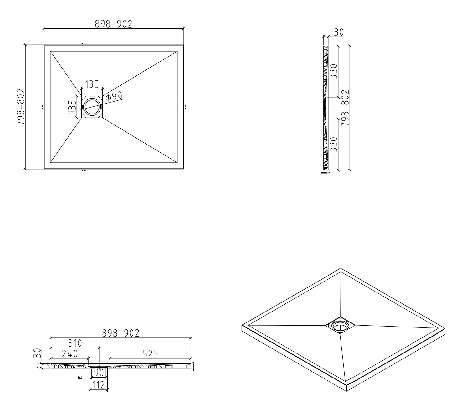 Maattekening Wiesbaden Stonea douchebak antislip composiet 800x900x30 mm inkortbaar beige