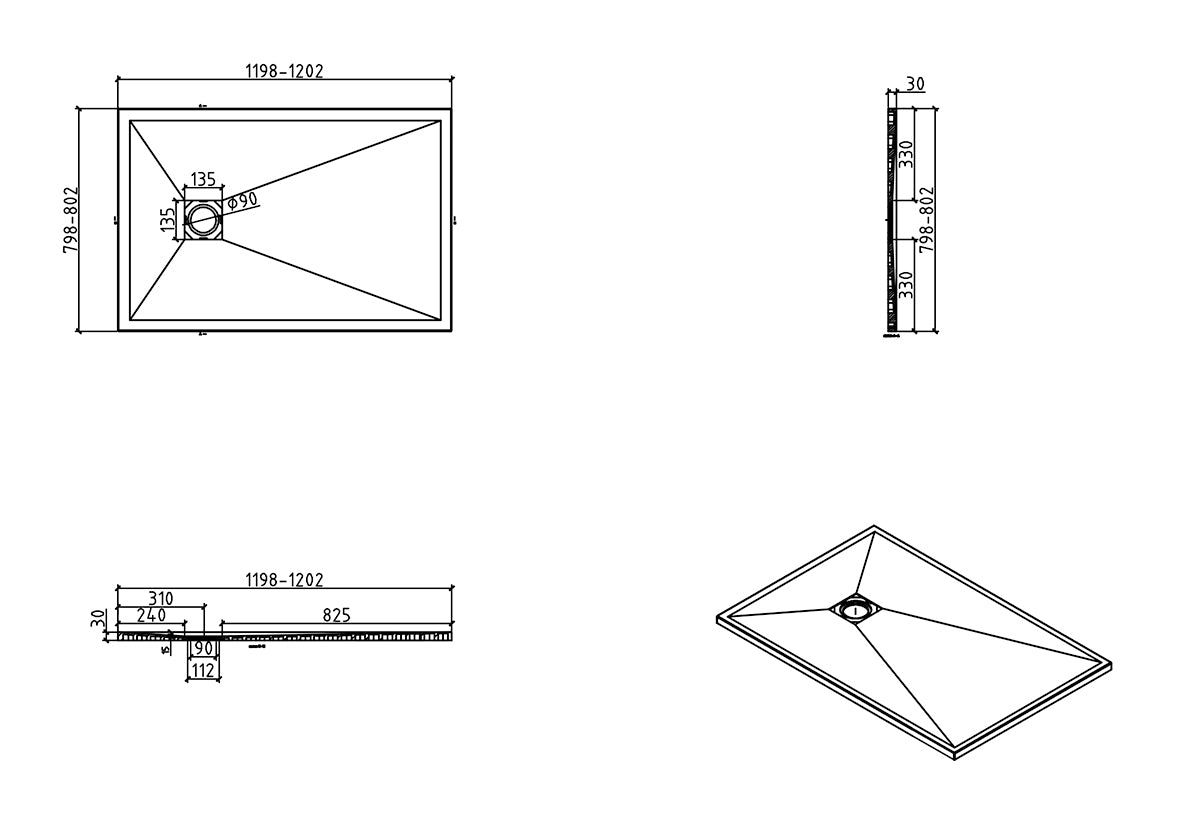 Maattekening Wiesbaden Stonea douchebak antislip composiet 800x1200x30 mm inkortbaar mat zwart