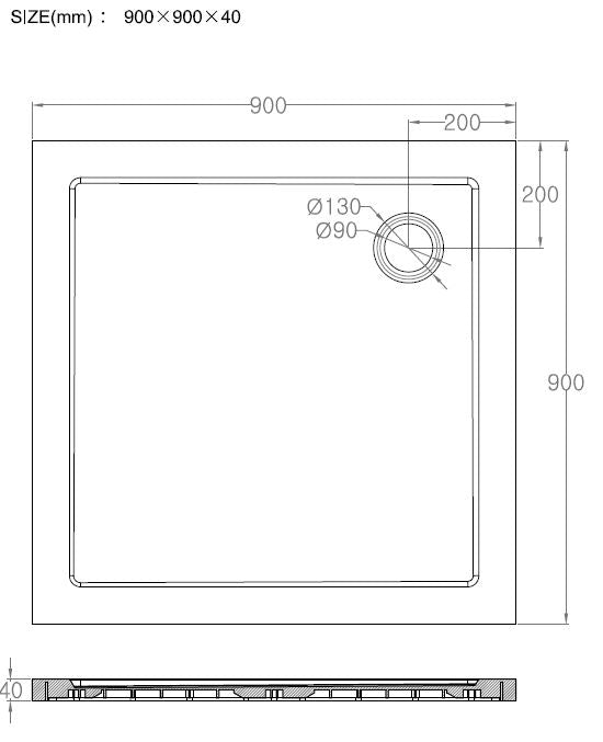 Maattekening Luxe douchebak SMC vierkant 900x900x40 wit
