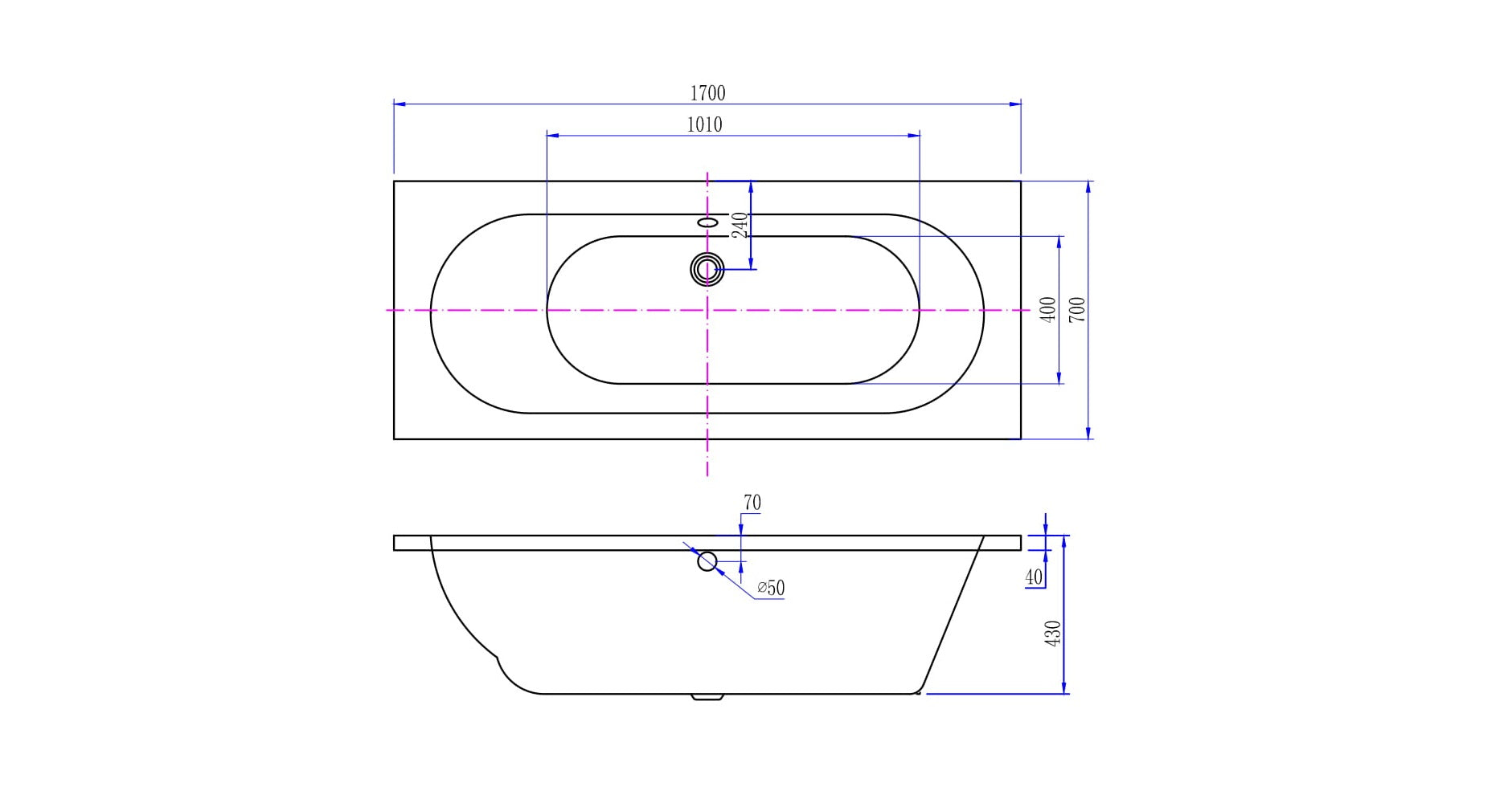 Maattekening Portus RD inbouw duo ligbad 170x70x43 cm glans wit