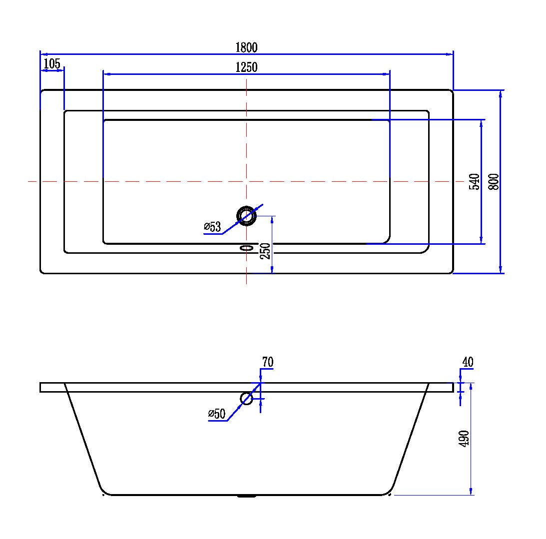 Maattekening Santino SQ inbouw duo ligbad 180x80x49 cm mat wit