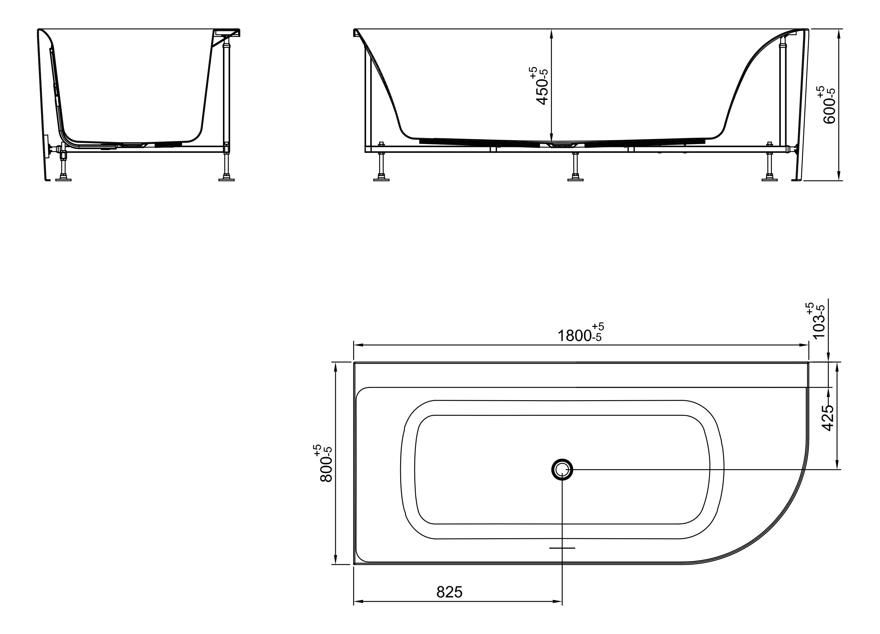 Maattekening Hoekbad Zenn Mat Wit 180 x 80 cm met afmetingen in cm