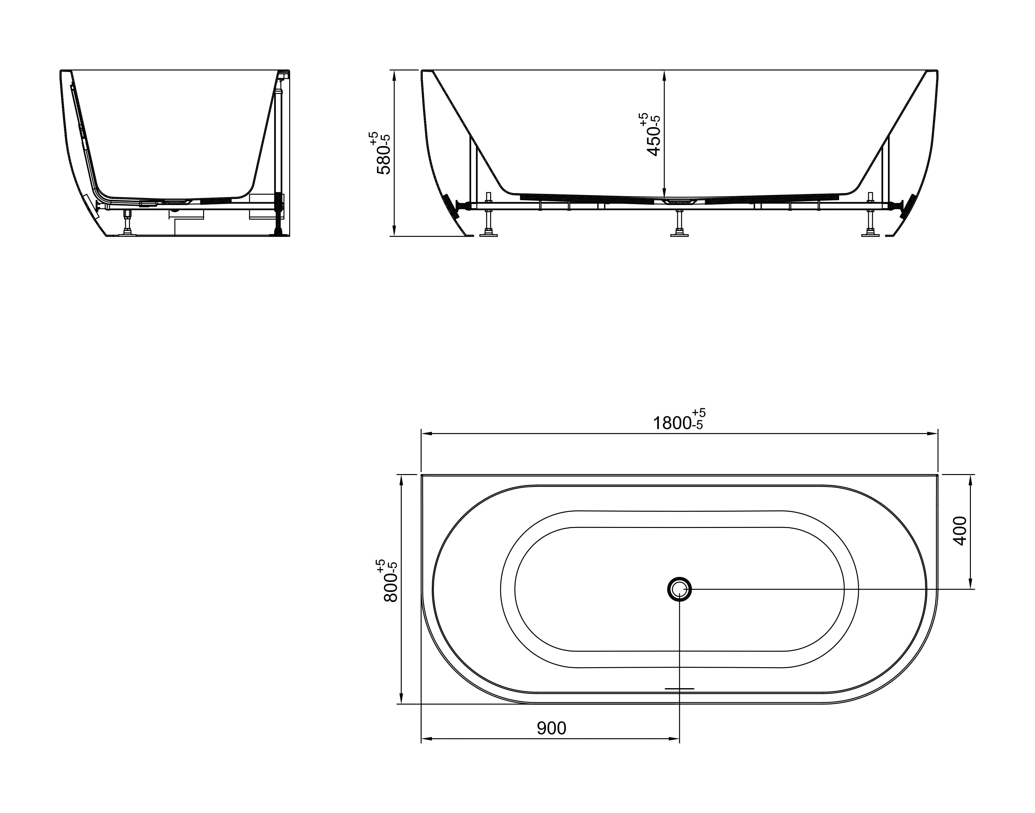 Maattekening Halfvrijstaand Bad Korver Liora Wit 180 x 80 cm met afmetingen in cm