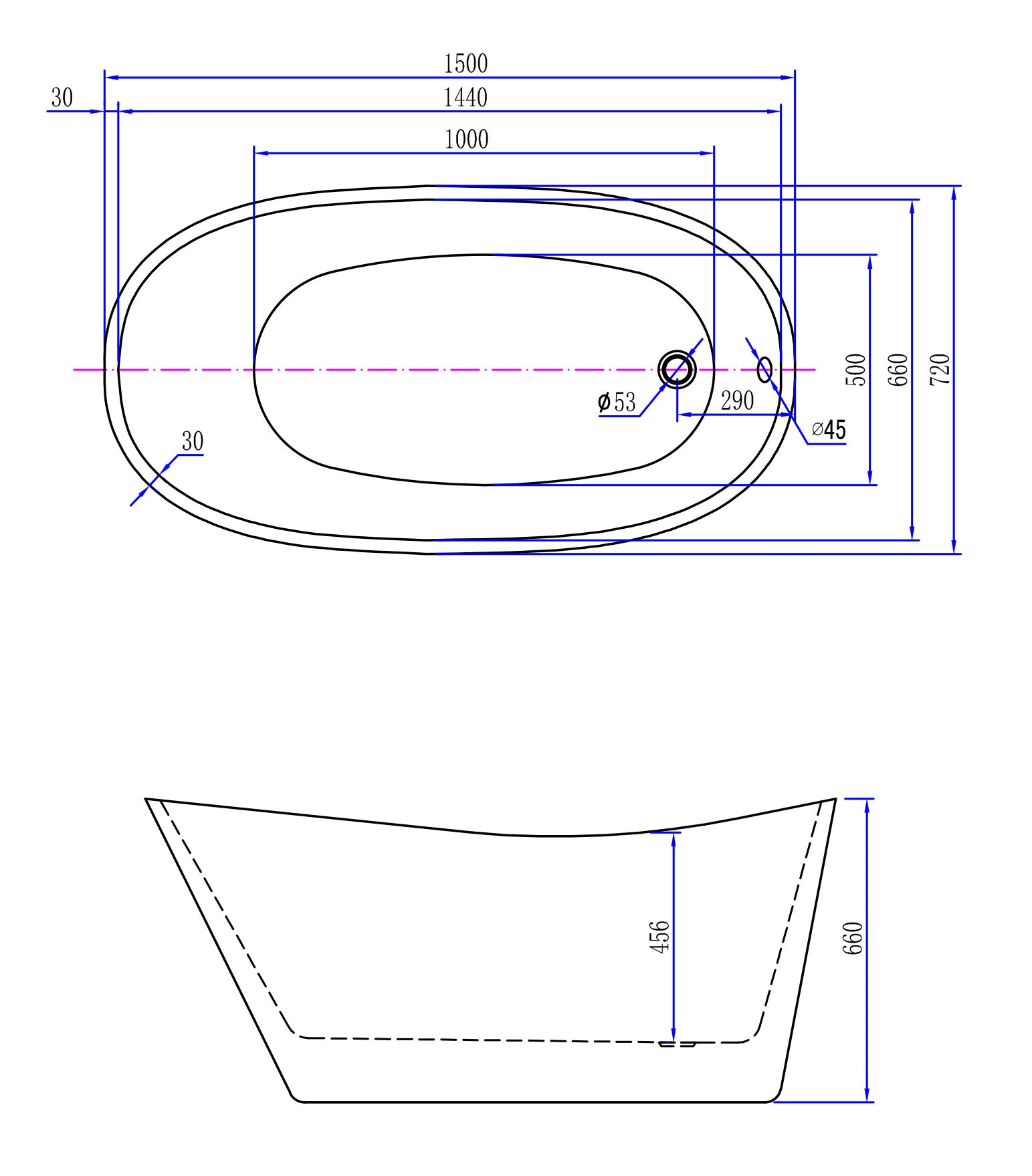 Maattekening Vrijstaand Bad Korver Trapeze Wit 150 x 72 cm met afmetingen in cm