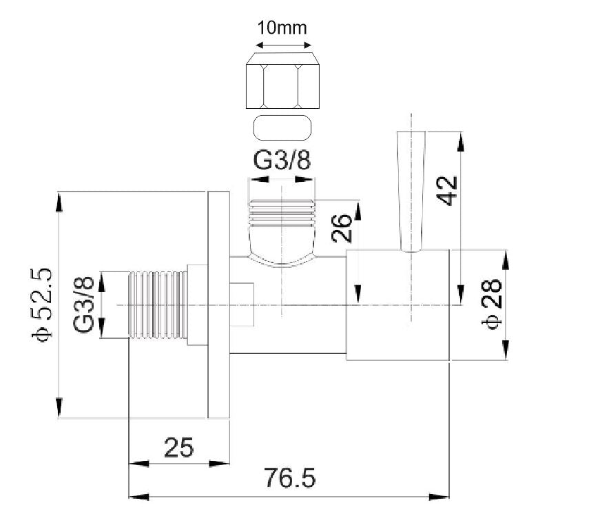 Maattekening Square hoekstopkraan+rozet 3/8'x10 mat zwart
