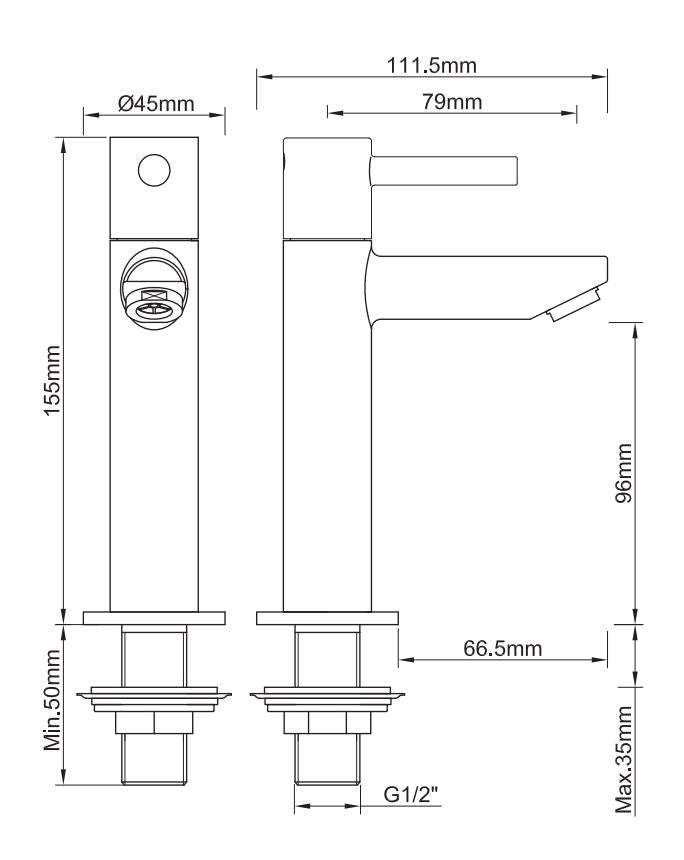 Maattekening Wiesbaden Caral Amador fonteinkraan XL Kiwa 1/2'' geborsteld messing PVD