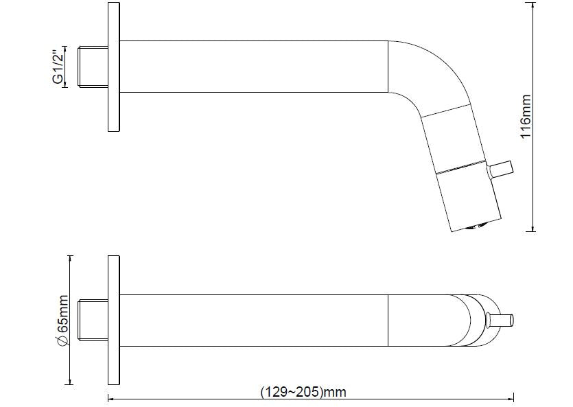 Caral Sophia fonteinkraan inkortbaar met muurbevestiging 1/2" gunmetal PVD maattekening – afmetingen volgens maattekening | Dealplein