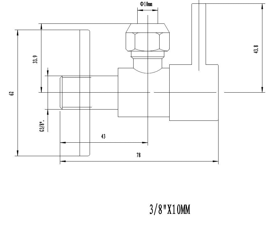 Maattekening Minimal hoekstopkraan 3/8" x 3/8" of knel 10 mm geborsteld staal PVD