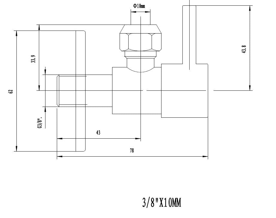 Maattekening Minimal hoekstopkraan 3/8" x 3/8" of knel 10 mm gunmetal PVD