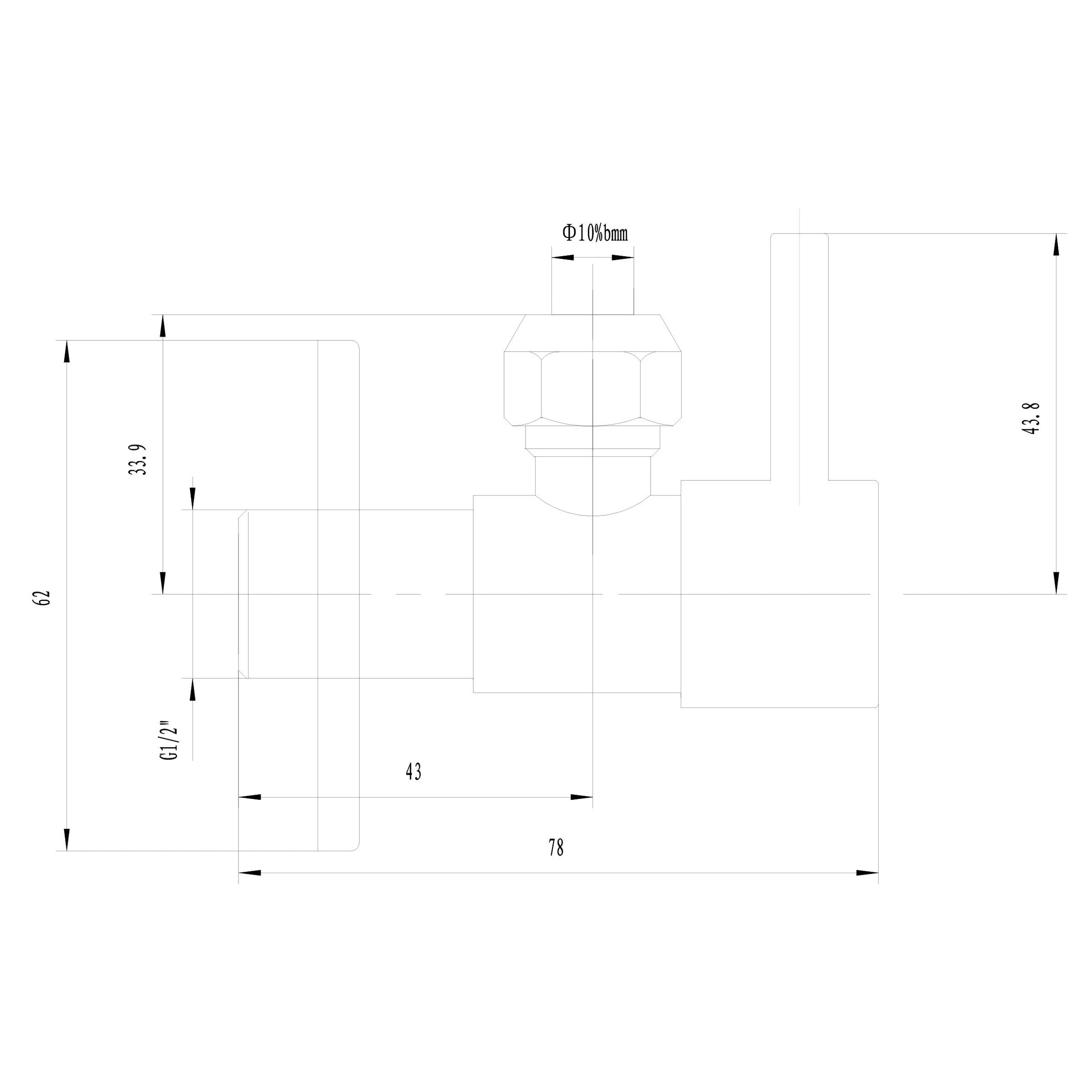 Minimal hoekstopkraan 1/2" x 3/8" of knel 10 mm geborsteld messing PVD maattekening – afmetingen volgens maattekening | Dealplein