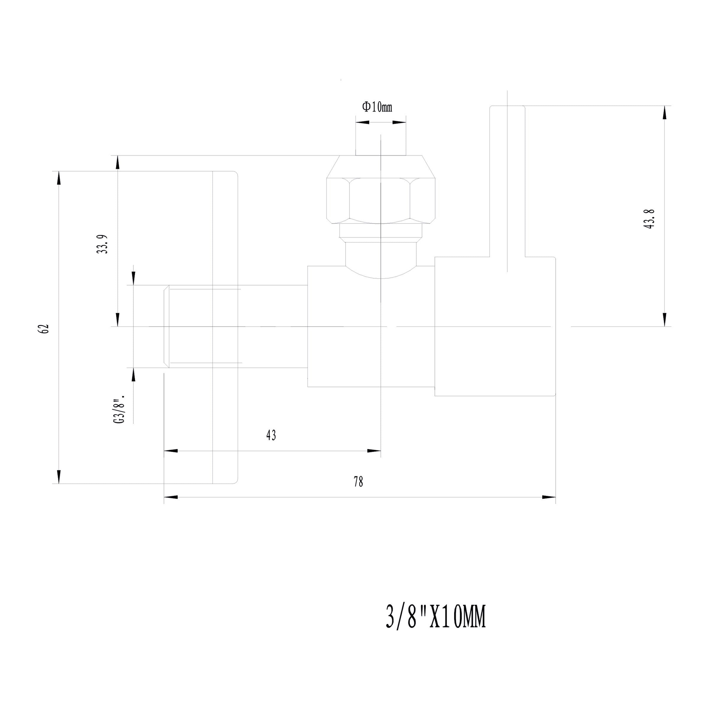 Minimal hoekstopkraan 3/8" x 3/8" of knel 10 mm geborsteld messing PVD maattekening – afmetingen volgens maattekening | Dealplein
